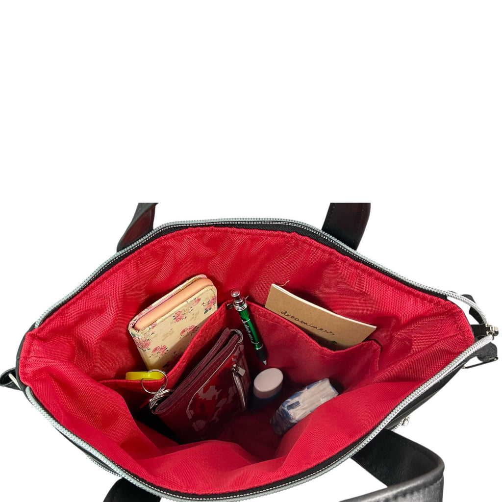Handbag in faux Leather and floral tapestry fabric, medium tote style zip top shoulder crossbody with carry handles