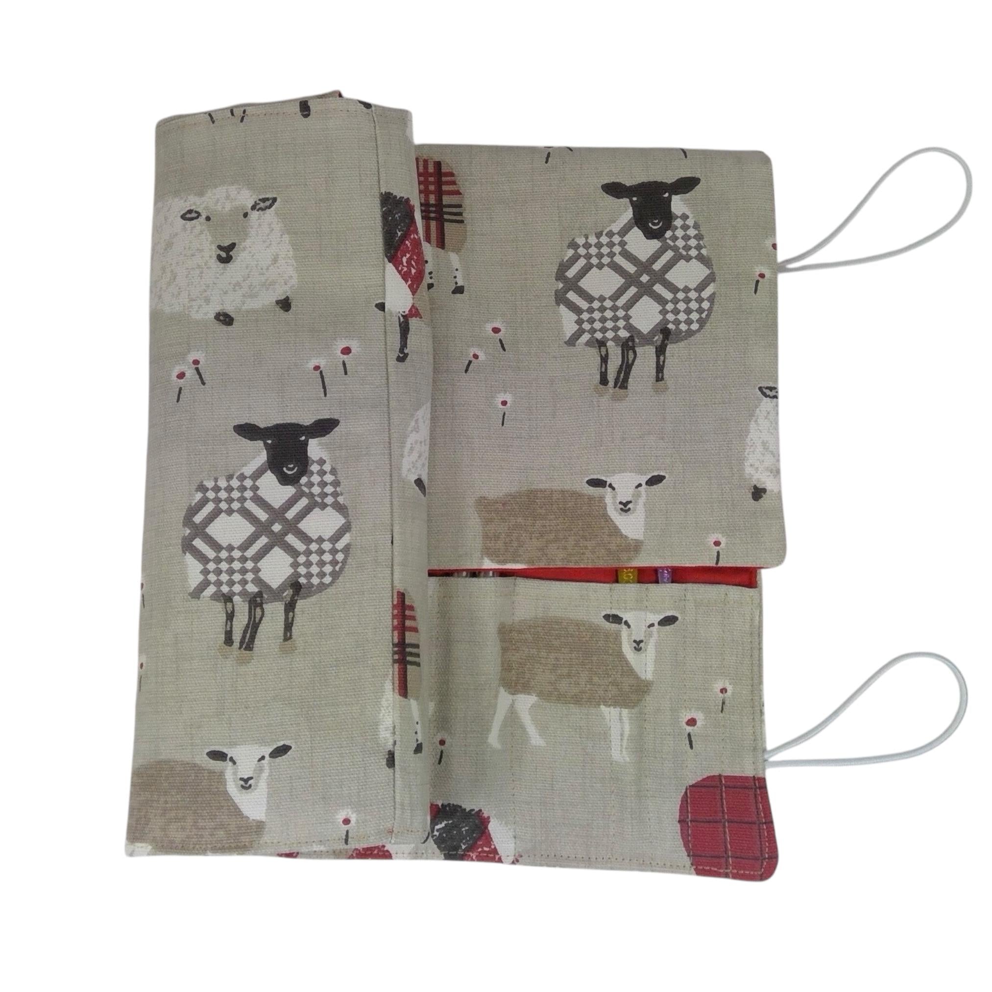 interchangeable and double pointed needle case with red sheep, knitting needle pouch, hiya hiya case, knit pro wallet