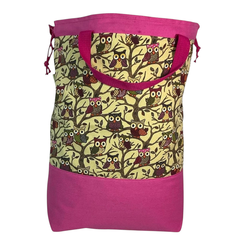 XXL  drawstring knitting bag with owls in trees print, supersized multi pockets project bag with handles, ladies  gift