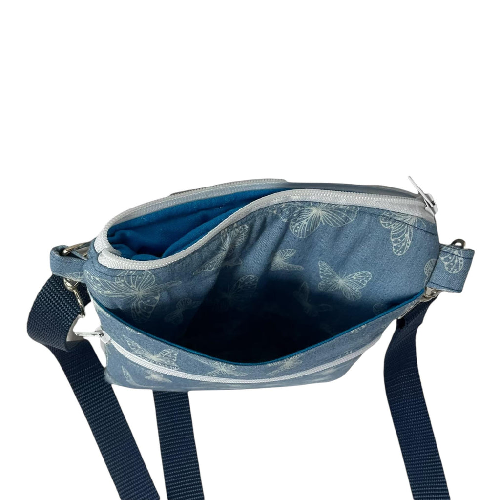 Denim  slim phone shoulder bag with multi pockets, butterfly teenager messenger , floral mini clutch bag, clubbing festival bag