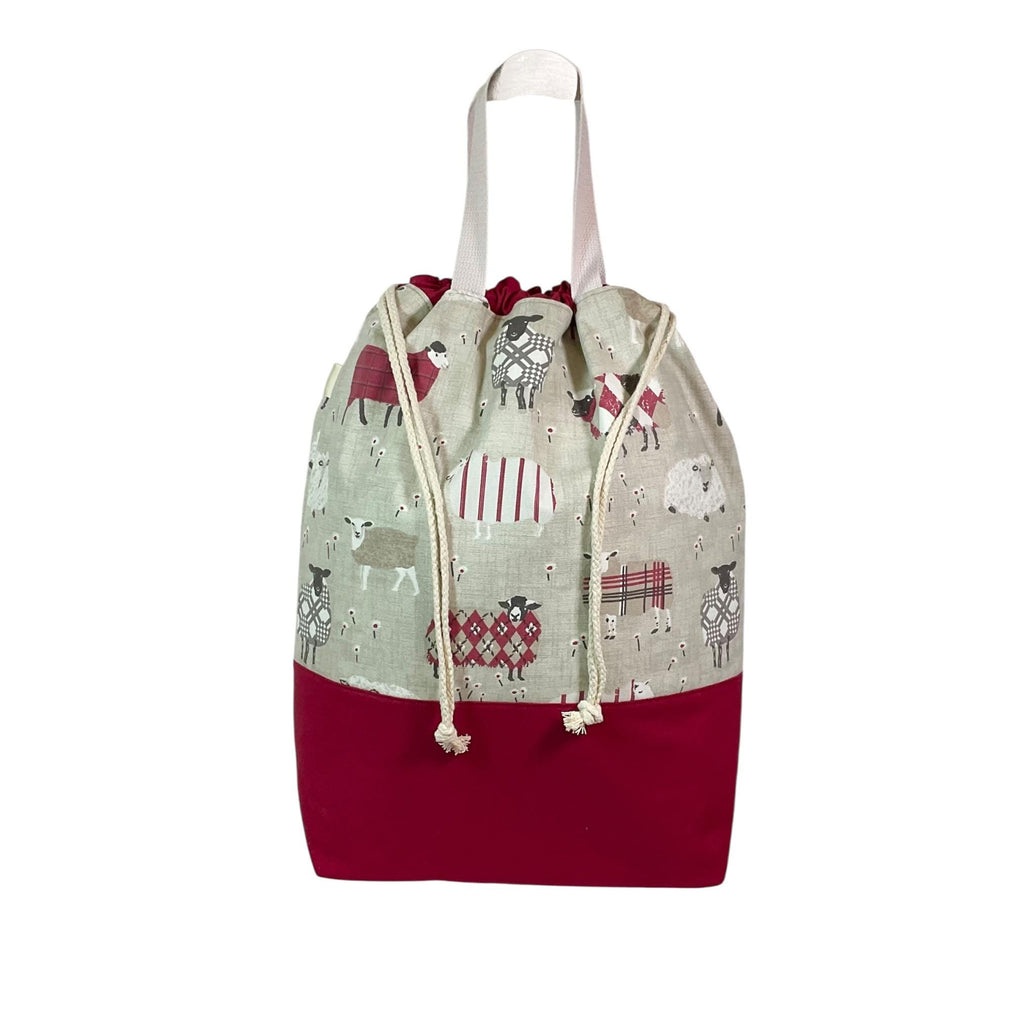 XXL  drawstring knitting bag with Red coloured sheep print, supersized multi pockets project bag with handle