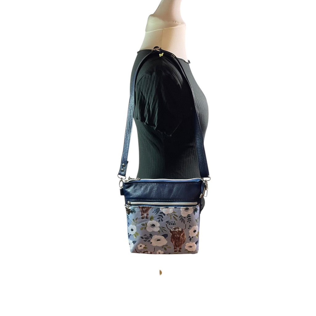 Royal Blue Lambs Leather Handbag: Highland Cow Floral Canvas Crossbody