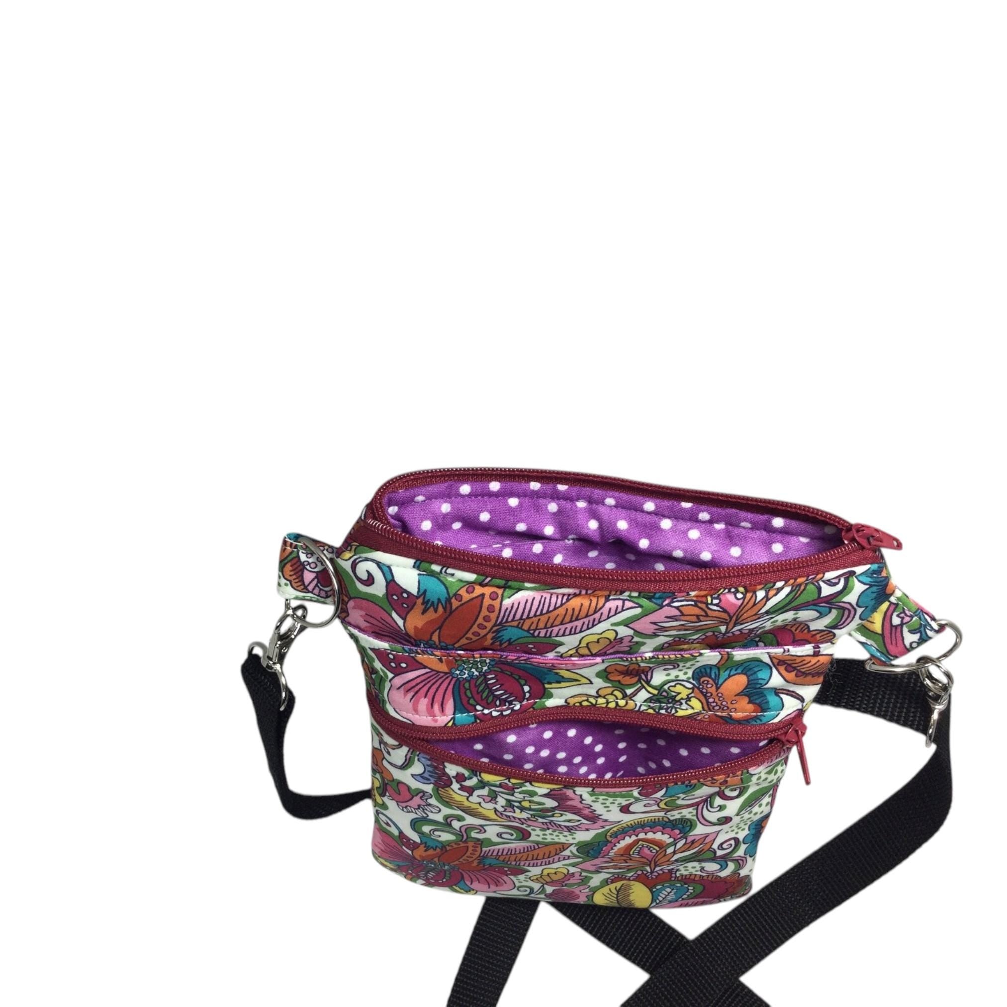 Liberty fabric slim phone shoulder bag with multi pockets, teenager messenger style floral phone pouch, mini clubbing festival clutch bag