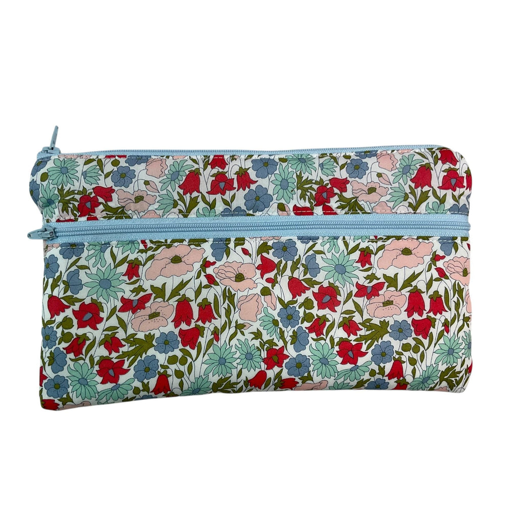Liberty fabric two pocket pouch, double pocket cosmetics case, 2 section pencil storage, floral water resistant ladies gift, privacy
