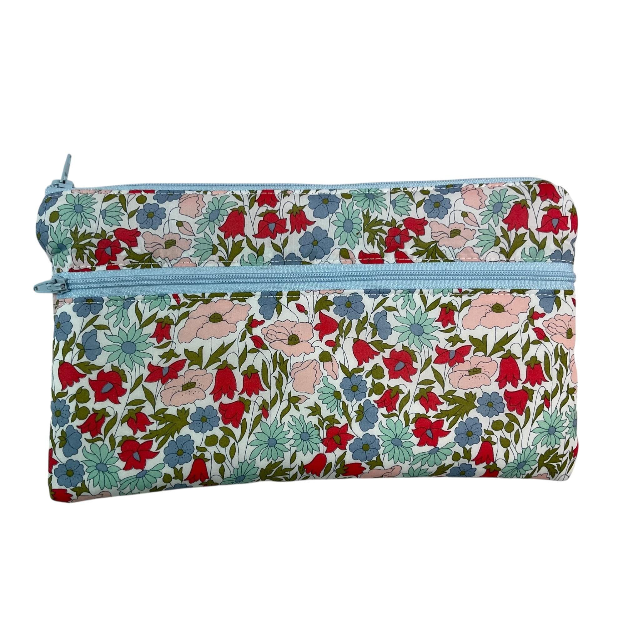 Liberty fabric two pocket pouch, double pocket cosmetics case, 2 section pencil storage, floral water resistant ladies gift, privacy
