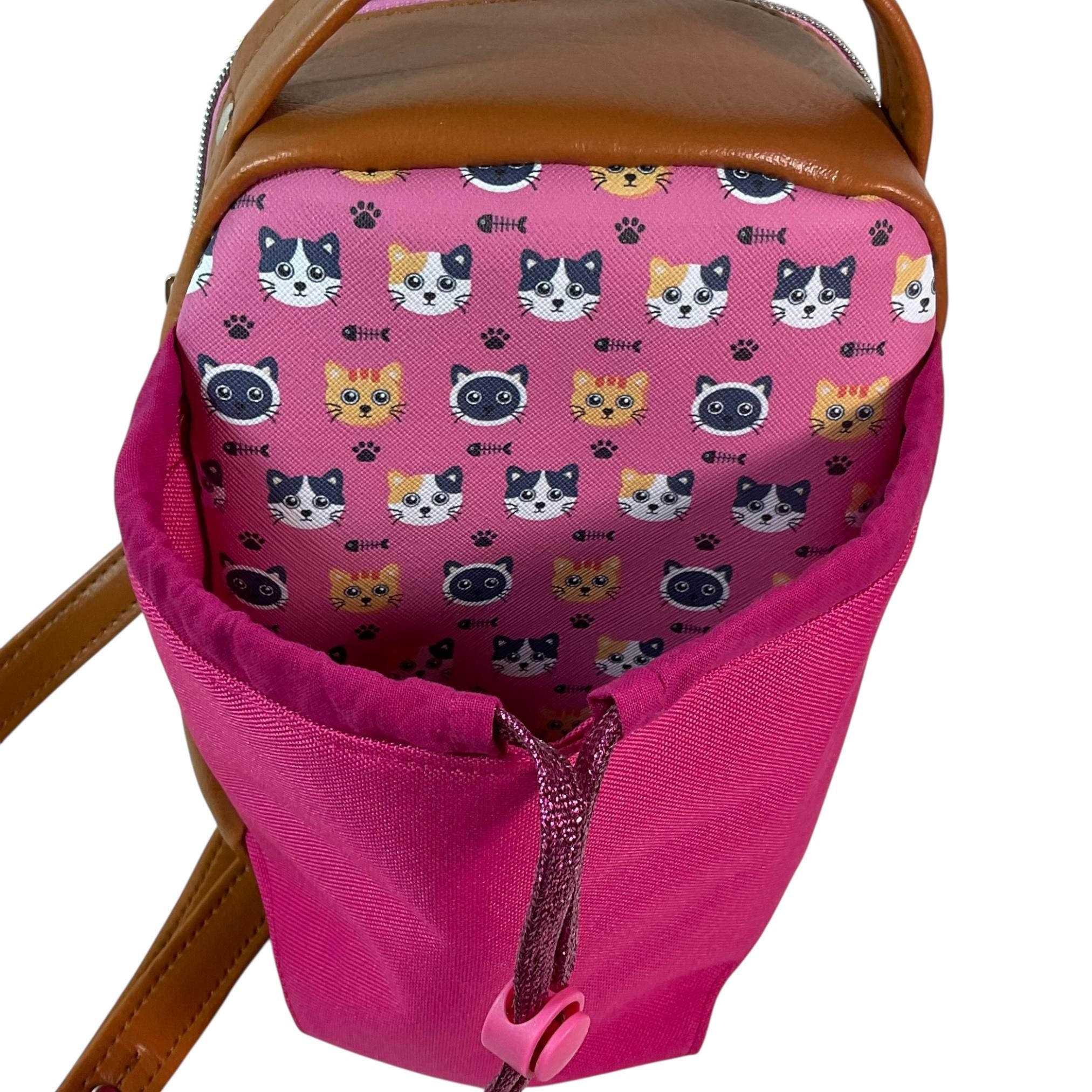 Water bottle sling bag, walking tour and travel day trip, cat lover bag with carry handle, water resistant vinyl/ faux leather bag