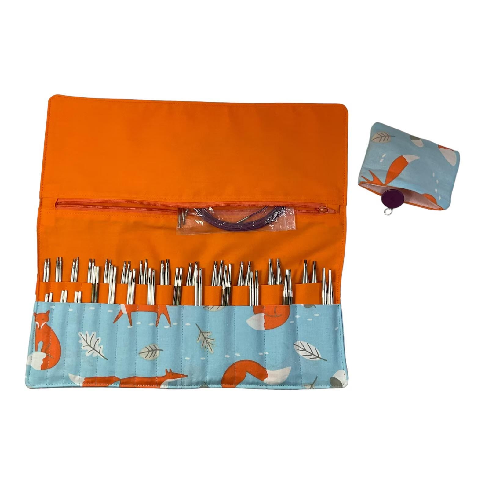 Interchangeable knitting needle case with foxes, holds 2 sets, addi case, chiagoo wallet, fox knit pro organiser pouch, hiya hiya case,