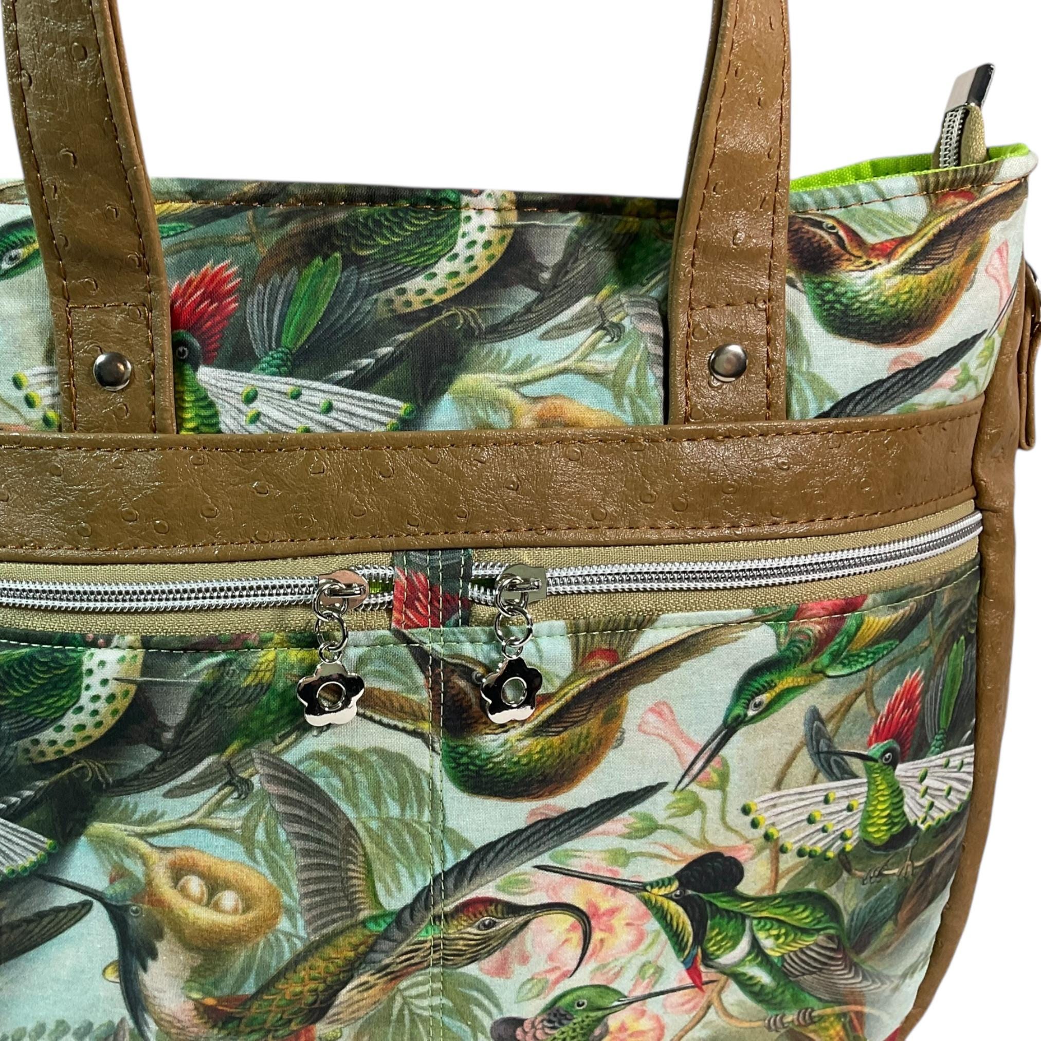 Hummingbird Crossbody Handbag made in caramel shade faux leather, unique large shoulder tote, zip pocket, perfect ladies gift
