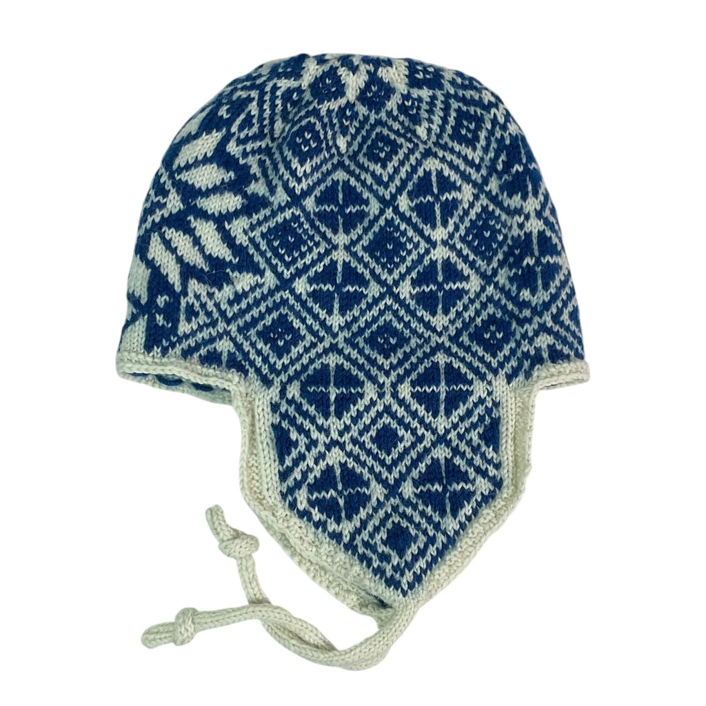 Ear flap hat with stranded blue and cream pattern, Andean chullo wool hat, unisex, warm winter hat, Norwegian style, fairisle hat, ski hat