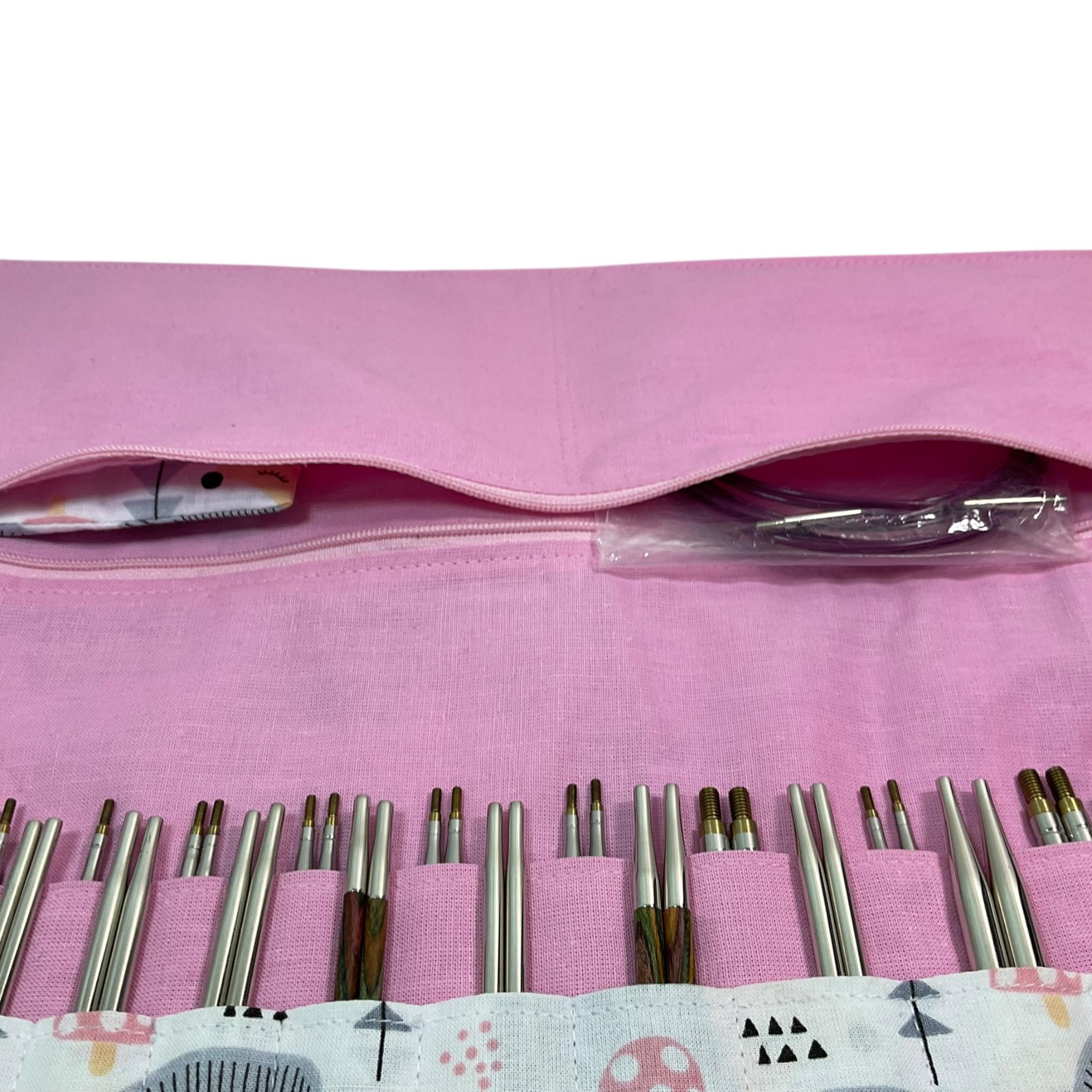 Interchangeable knitting needle case with hedgehogs, holds 2 sets, addi case, chiagoo wallet, woodland  knit pro organiser, hiya hiya pouch