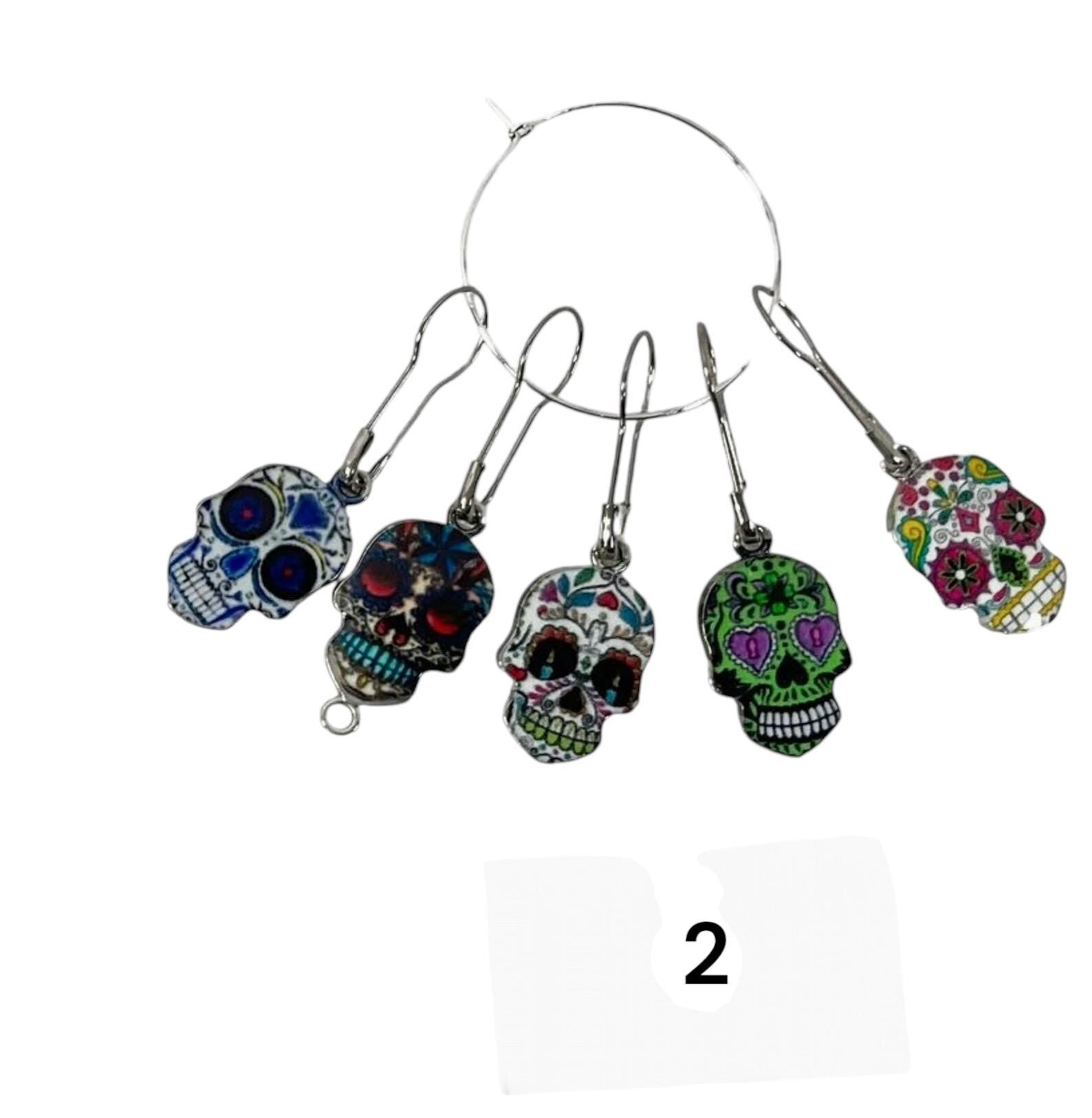 Skull Stitch markers for knitting and crochet, enamel colourful progress charms, lace markers, day of dead  lover gift, place keeper