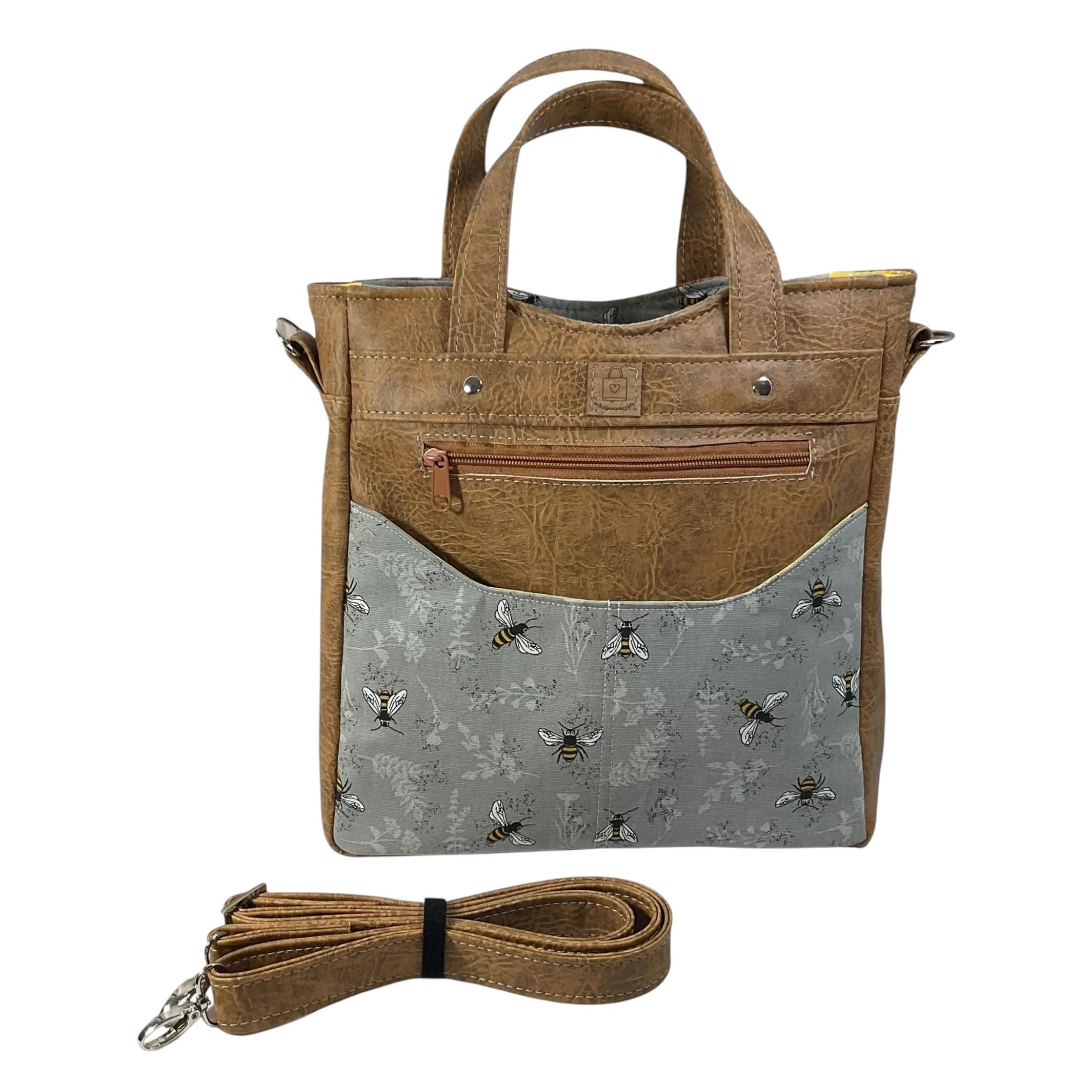 Handbag in faux leather and bee print,  vegan ladies gift, handles and crossbody strap bag, shoulder zip pouch, rectangular carry all