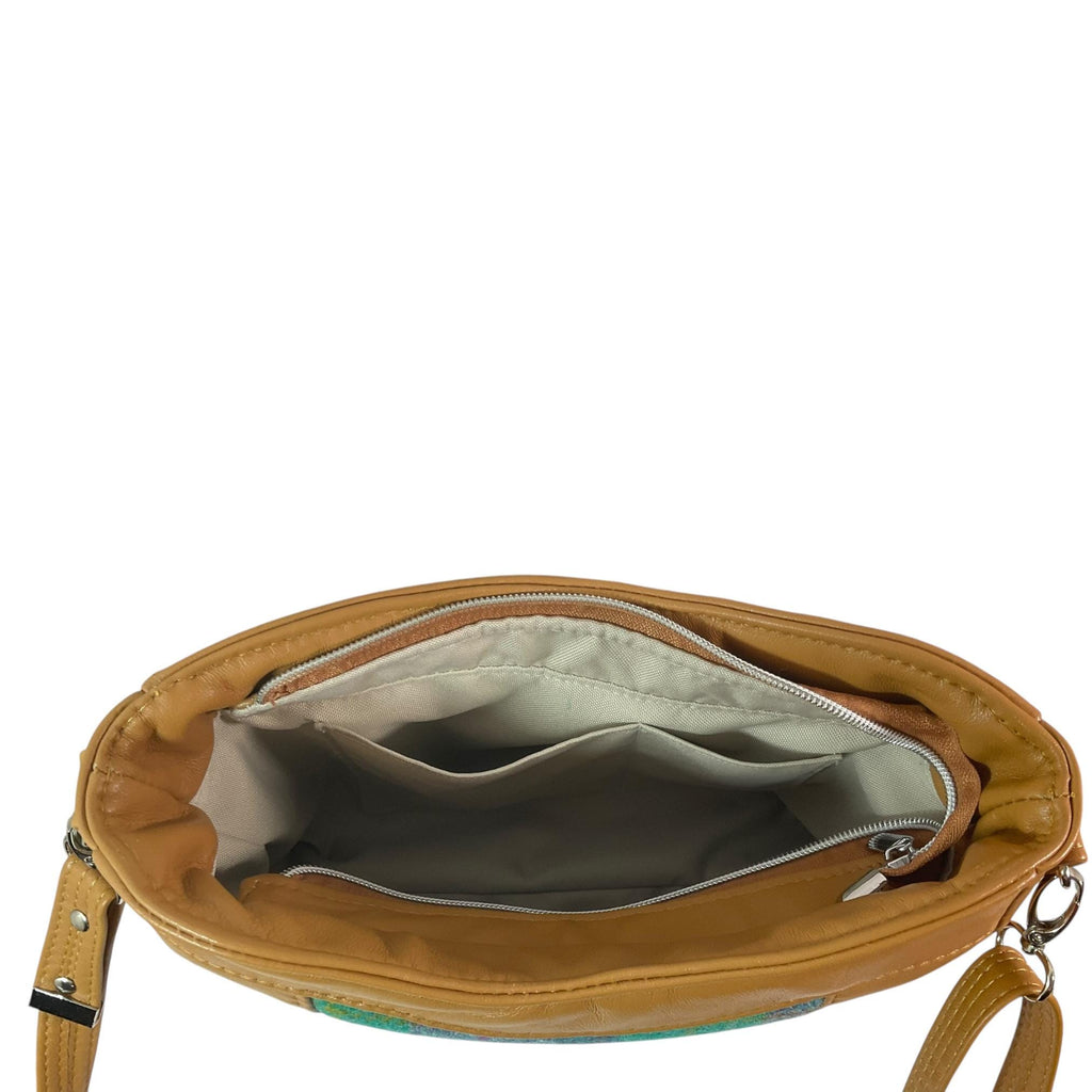 Handbag in genuine leather and Harris tweed tartan print pure wool, green and purple check medium sized zip top shoulder bag