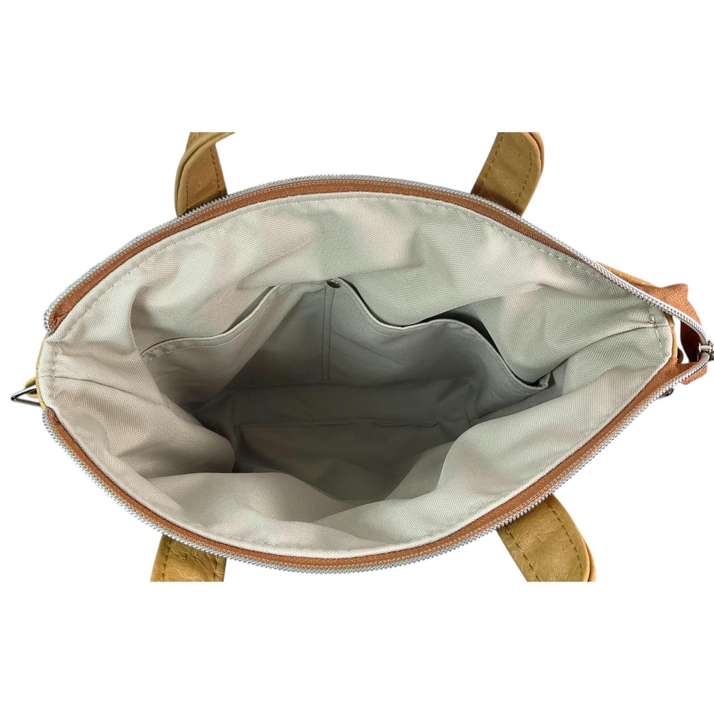 Handbag in faux Leather and blue British wool fabric, medium tote style zip top shoulder crossbody with carry handles