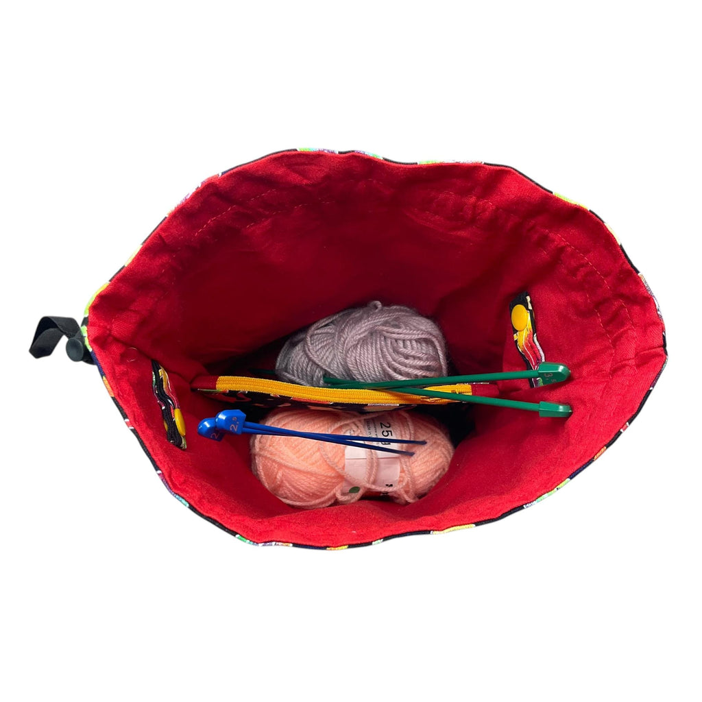Knitting and crochet bag, Two at a time project bag with foxes print, drawstring divided sock sack, yarn work in progress pouch, craft gift