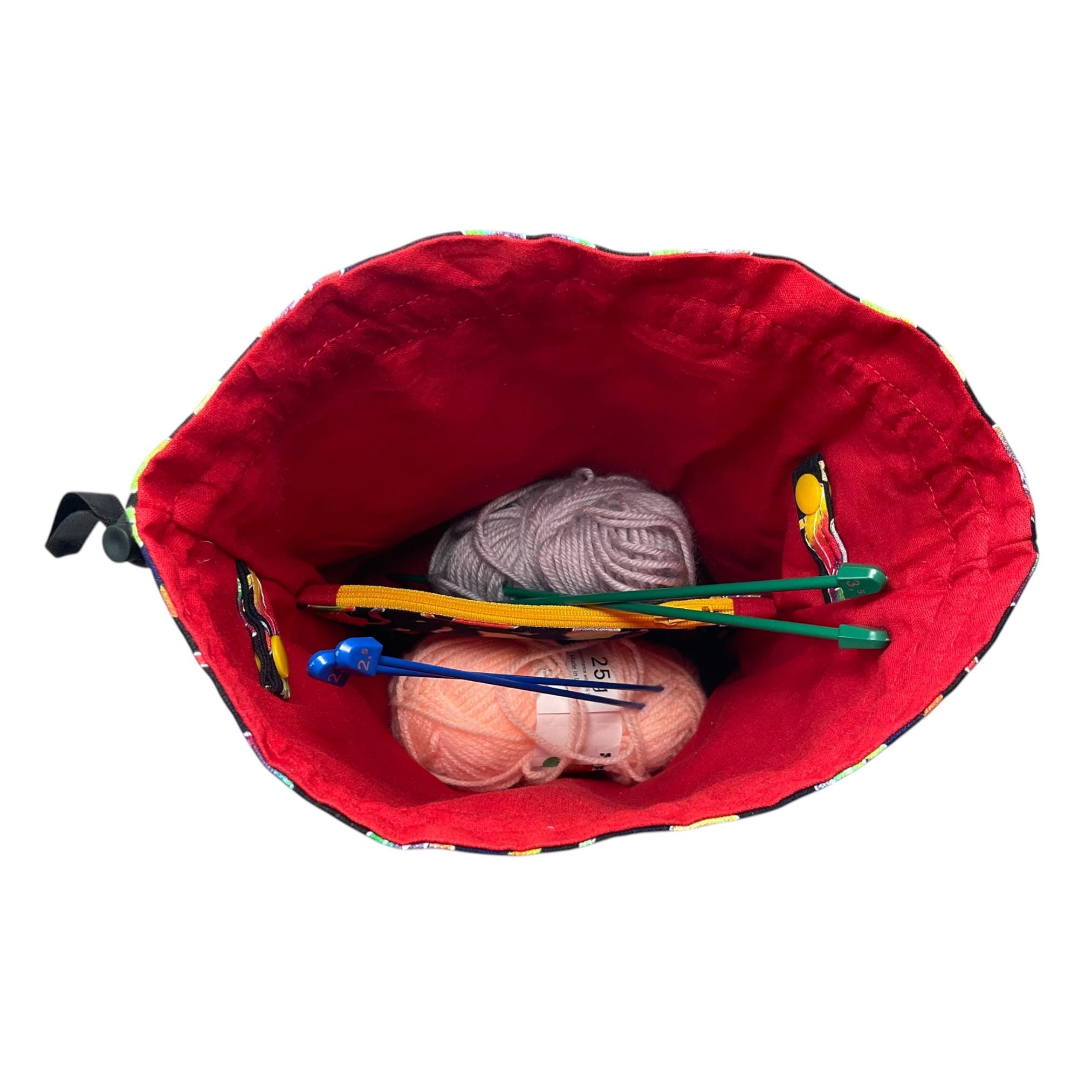 Knitting and crochet bag, Two at a time project bag with foxes print, drawstring divided sock sack, yarn work in progress pouch, craft gift