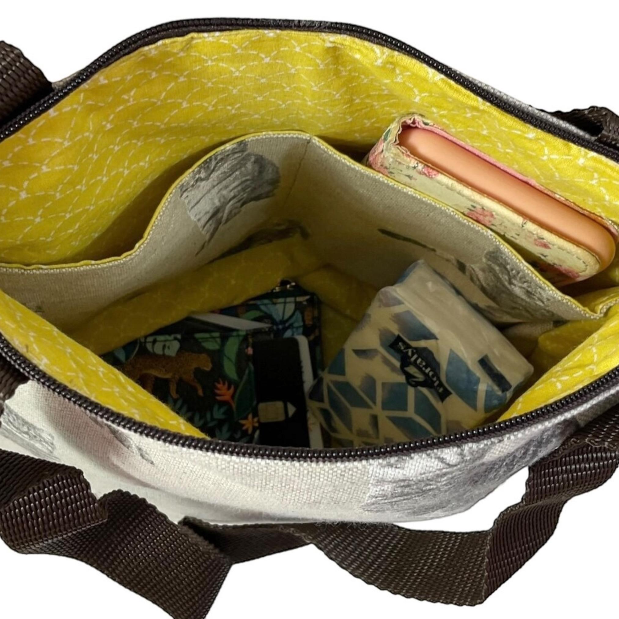 Small tote bag with zip closure, canvas tortoiseshell cats cotton book purse, bag with pockets  for cat lover, gift for girls