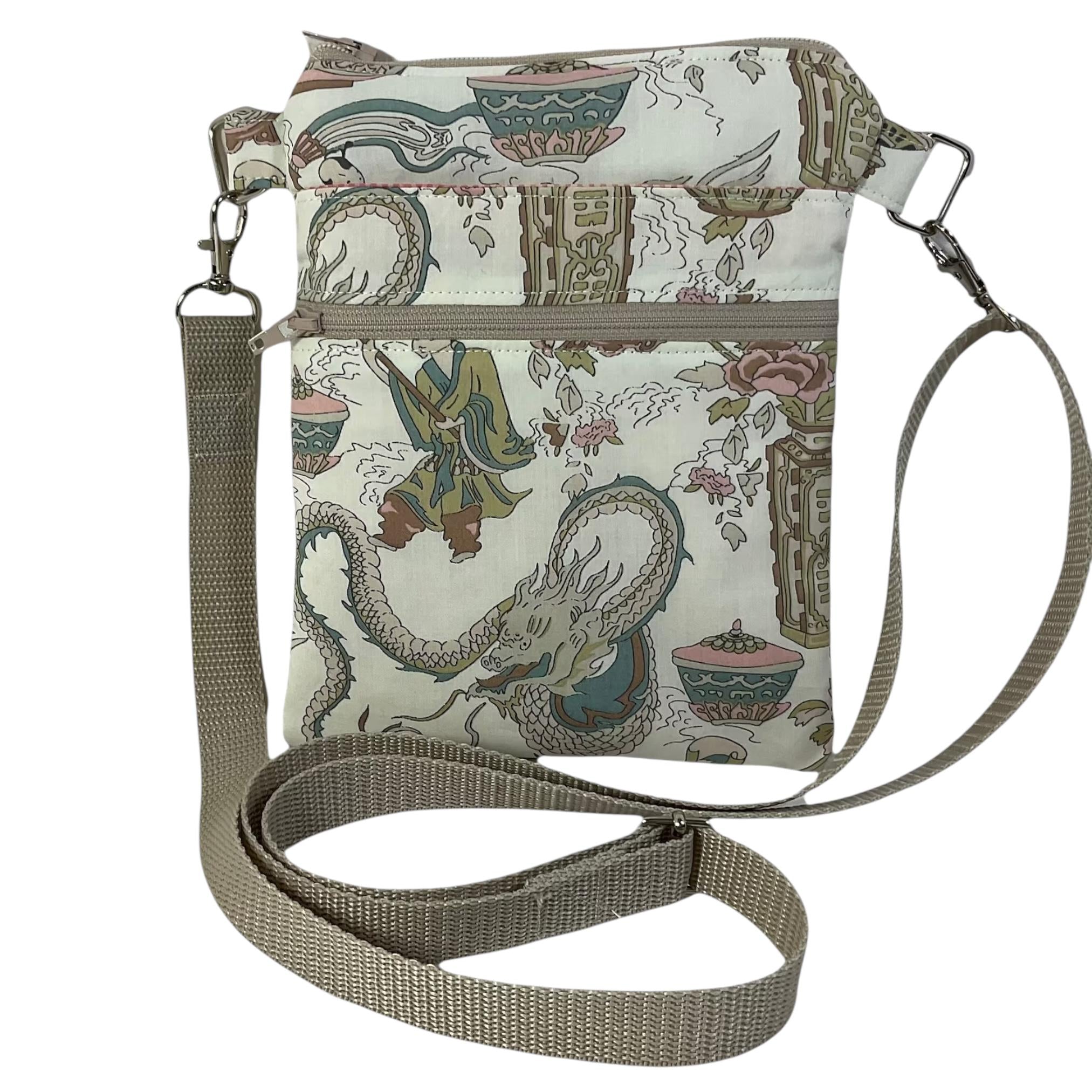 Liberty fabric slim phone shoulder bag with multi pockets, teen messenger style floral phone pouch, mini clutch bag, clubbing festival bag,