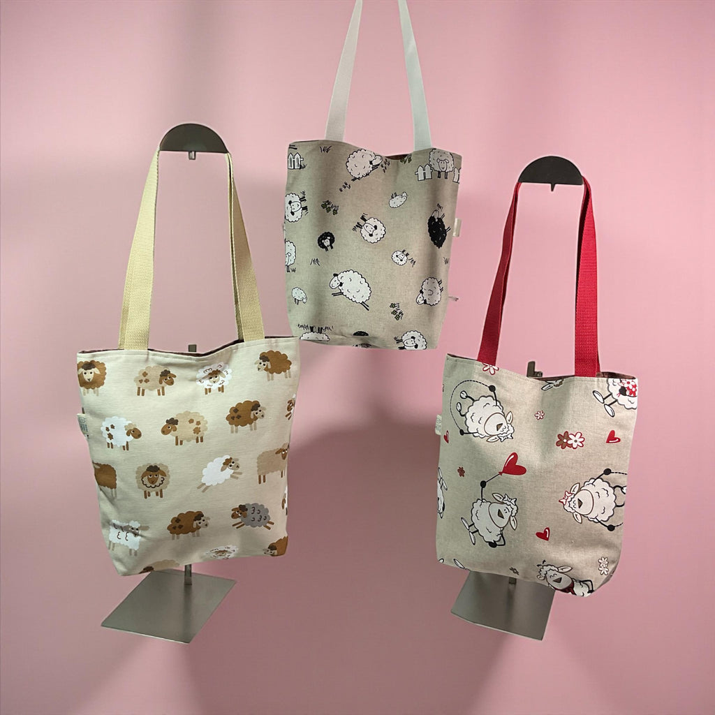 small sheep canvas tote bag, mini lined canvas shopping bag, knitters project gift