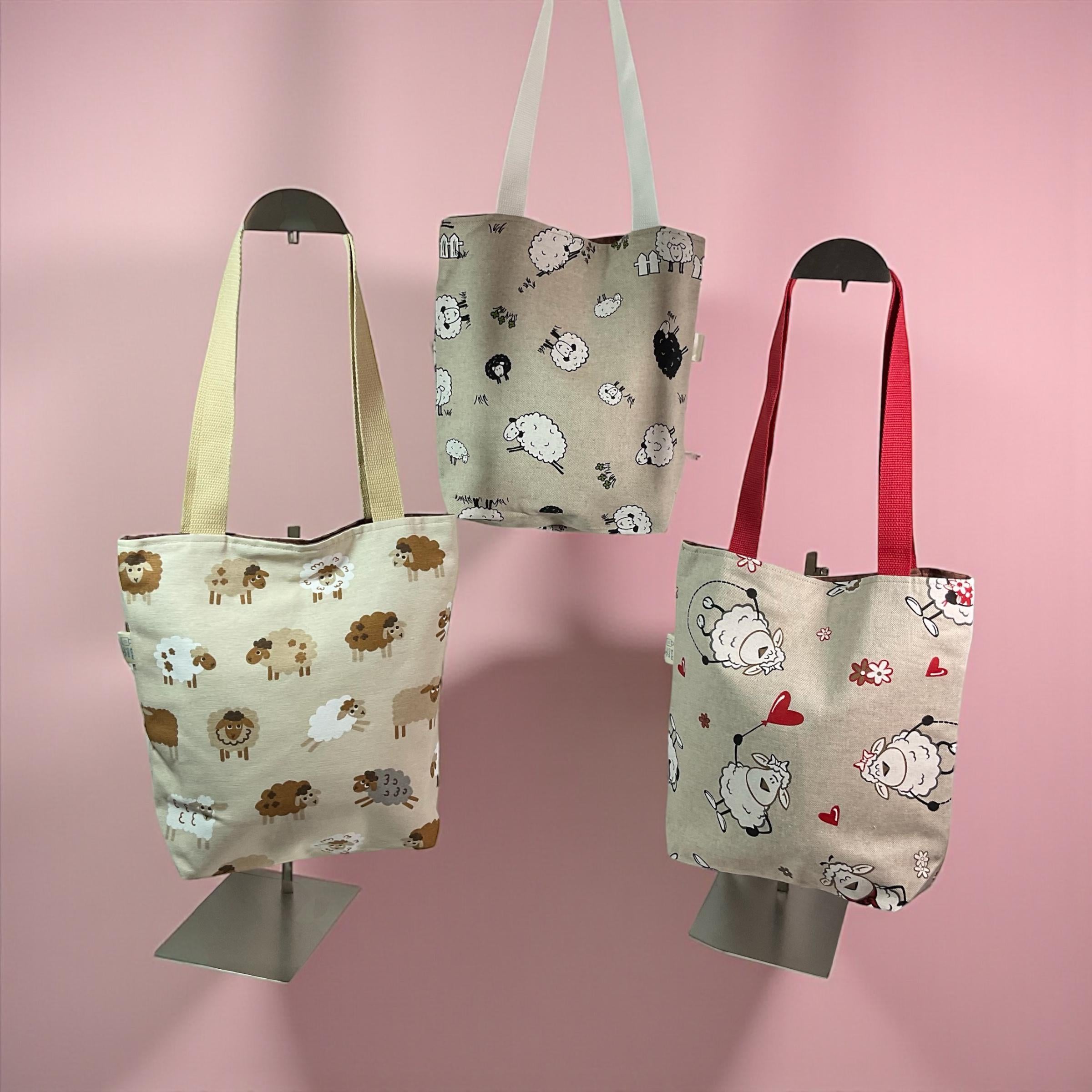 small sheep canvas tote bag, mini lined canvas shopping bag, knitters project gift