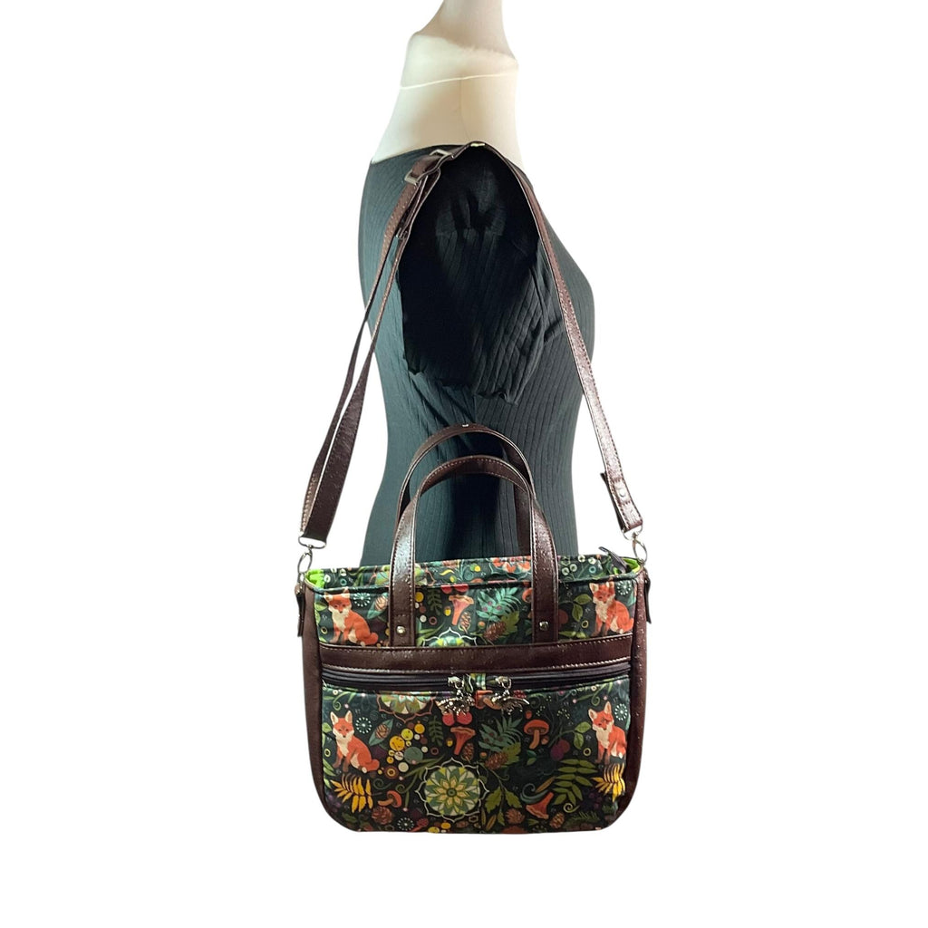 Crossbody Handbag in fox and squirrel print,  made in chocolate shade faux leather,  large woodland shoulder tote, zip pocket,  ladies gift