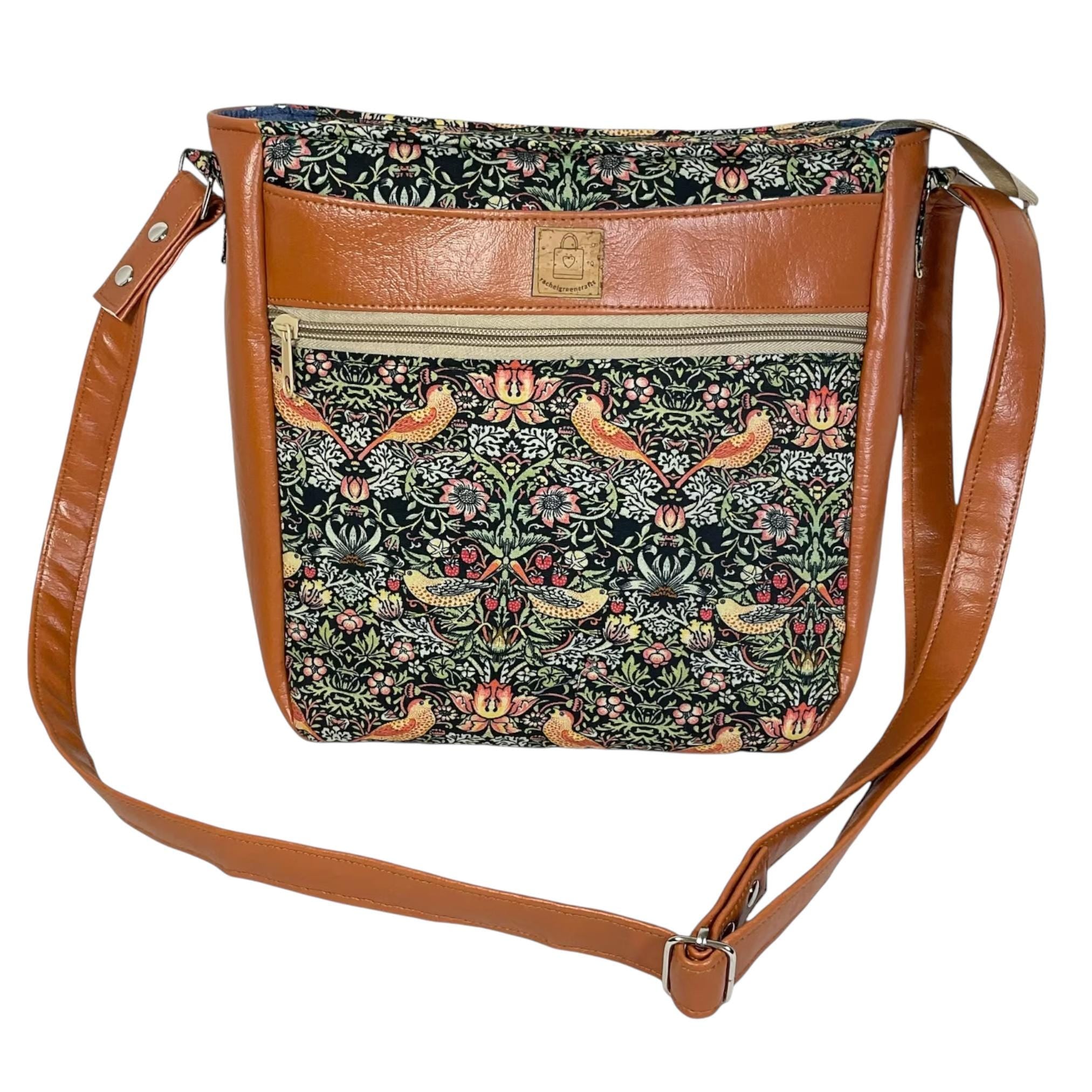 Handbag in faux leather and strawberry thief bird print, vegan ladies gift, crossbody bag, shoulder zip pouch