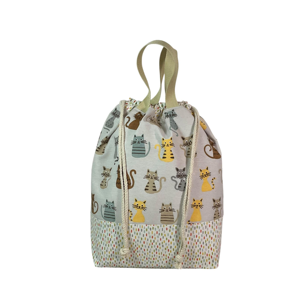 Extra Large drawstring knitting bag with cat print, multi pockets project bag with handles
