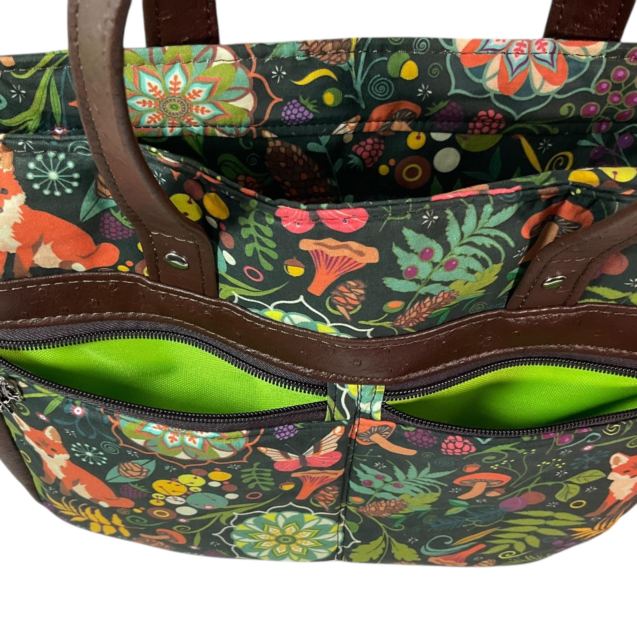 Crossbody Handbag in fox and squirrel print,  made in chocolate shade faux leather,  large woodland shoulder tote, zip pocket,  ladies gift
