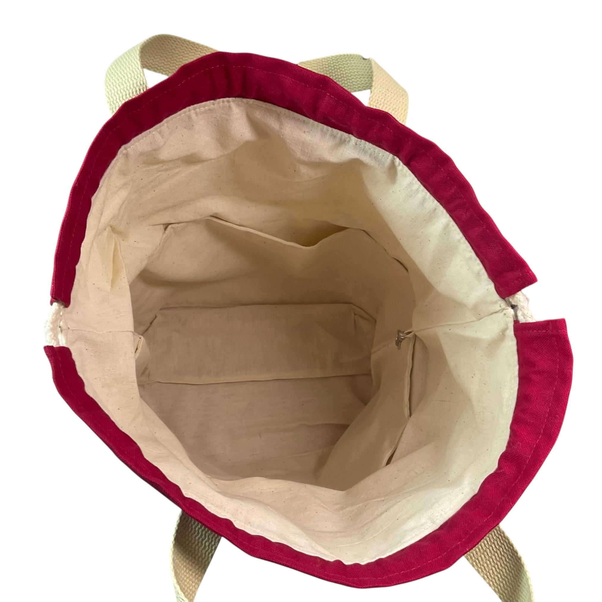 Extra Large drawstring knitting bag with red sheep print, multi pockets project bag with handles