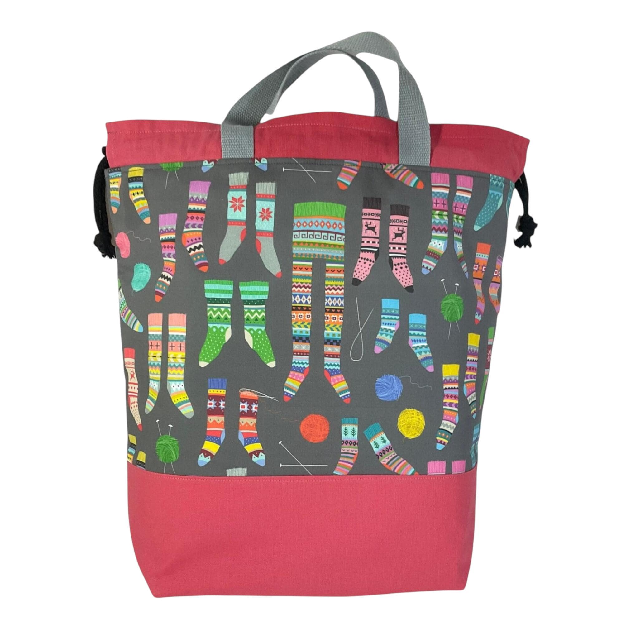 Extra Large drawstring knitting bag with Scandinavian sock print, multi pockets project bag with handles
