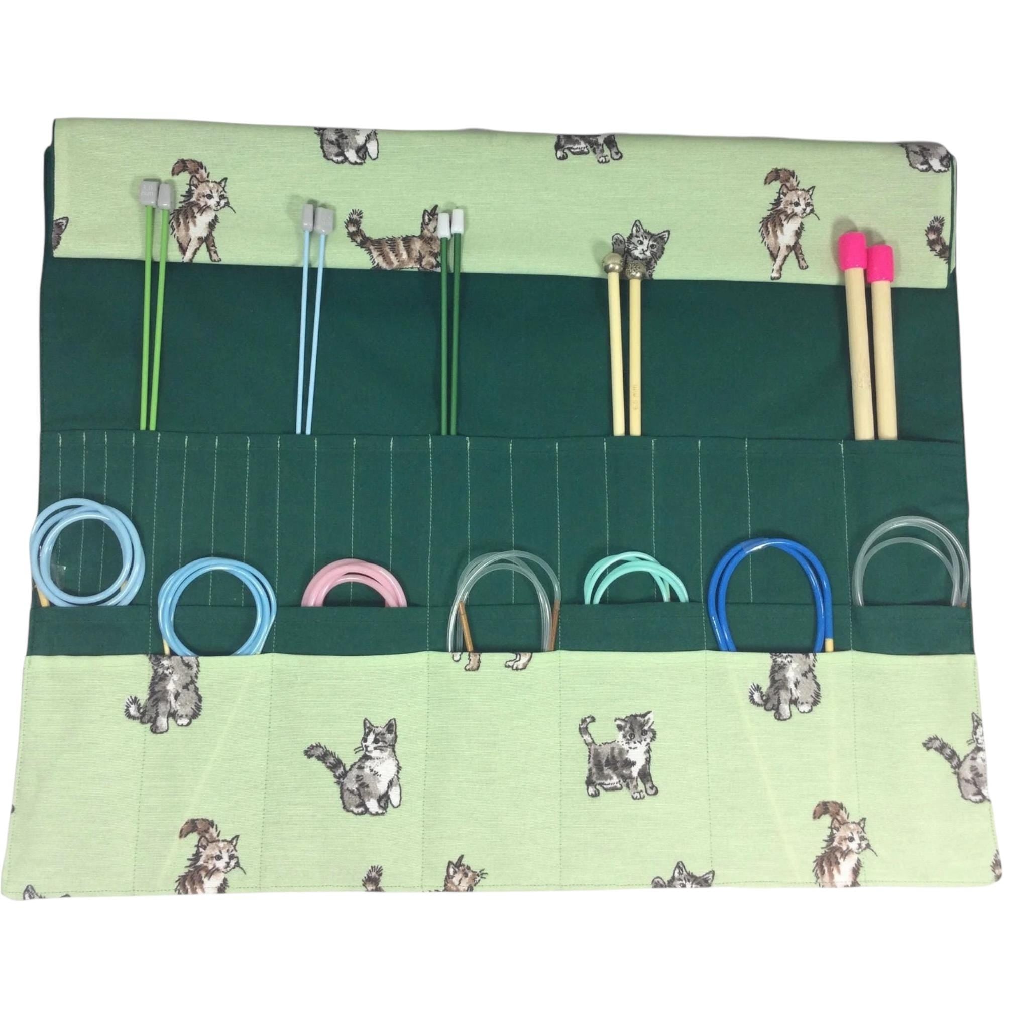 Straight and circular knitting needle case with cats  print, heavy weight storage pouch, long needles wallet, fixed sock needle