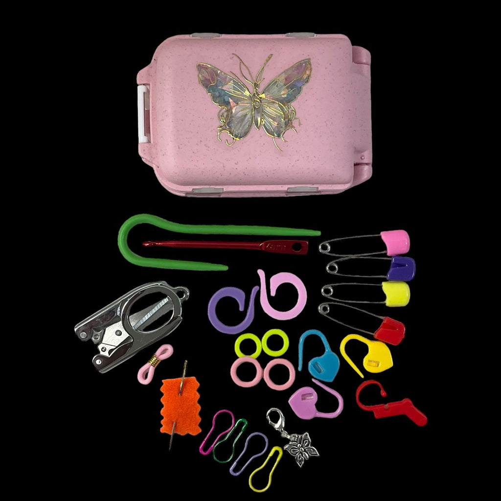 Knitting notions and accessories box filled with tools, butterfly,  sheep or cat motif, stitch marker 8 compartment organiser for crochet