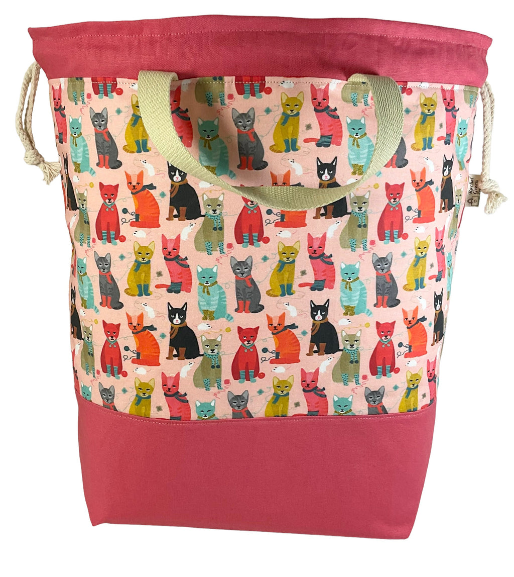 Extra Large drawstring knitting bag with cat print, multi pockets project bag with handle