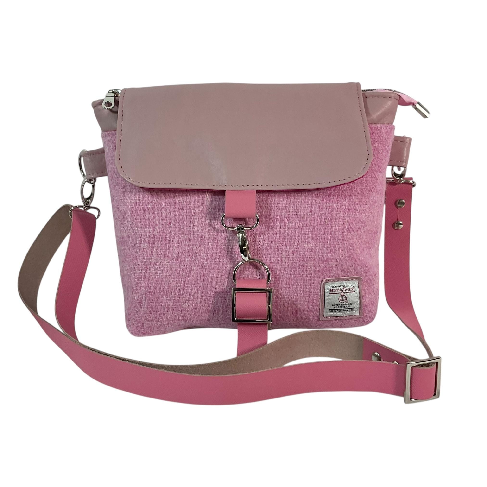 Satchel Handbag in genuine leather and Harris tweed pink pure wool,  medium sized zip top shoulder bag, pink lovers