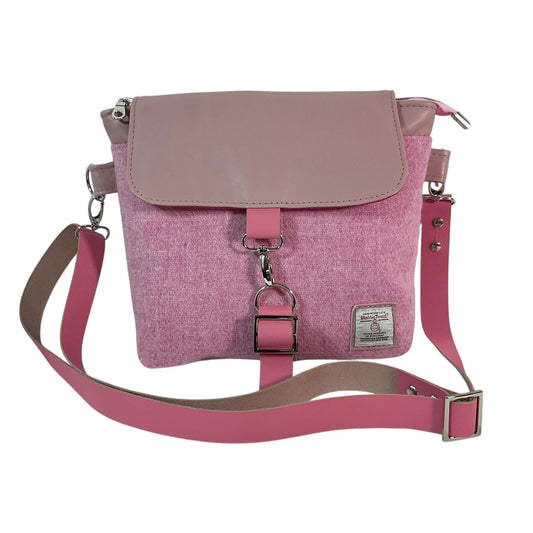 pink Satchel style Handbag in genuine leather and Harris tweed