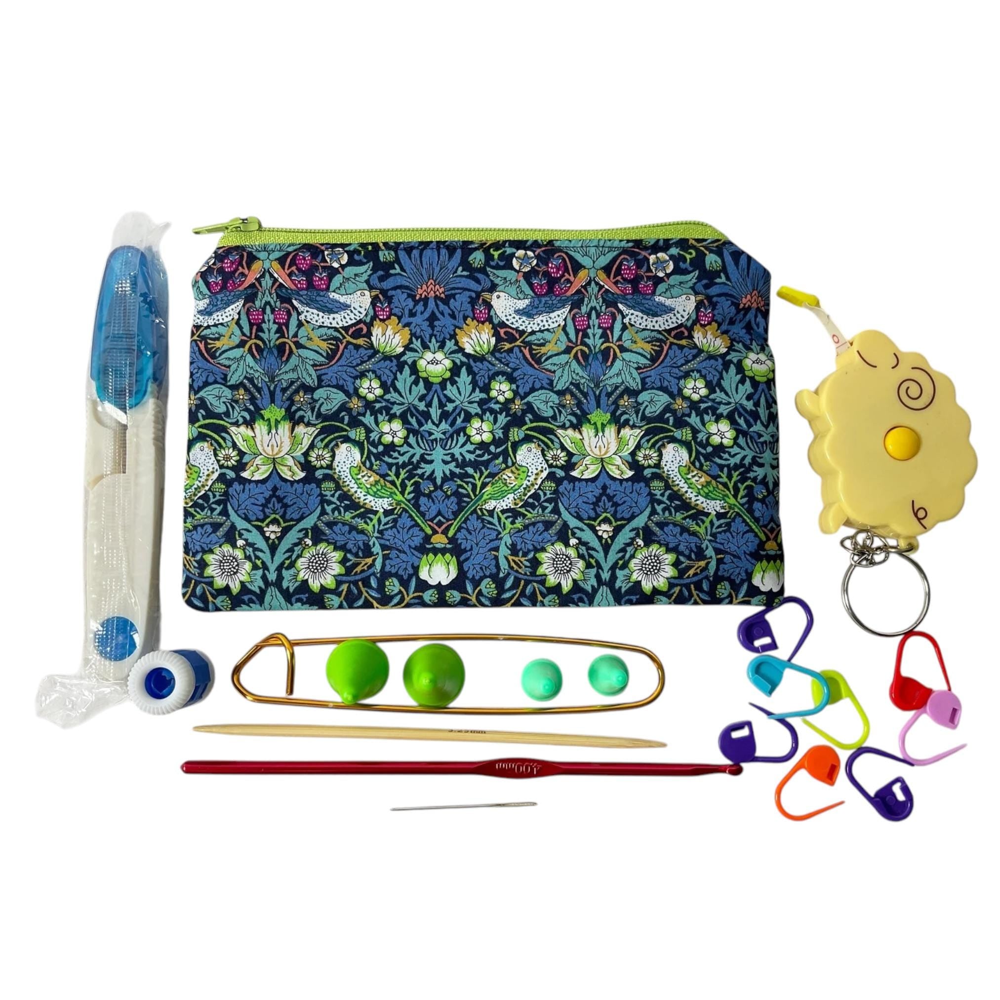 Notions kit for Knitters and crochet in liberty fabric and filled with craft tools, floral travel knitting kit, scissors, stitch holder
