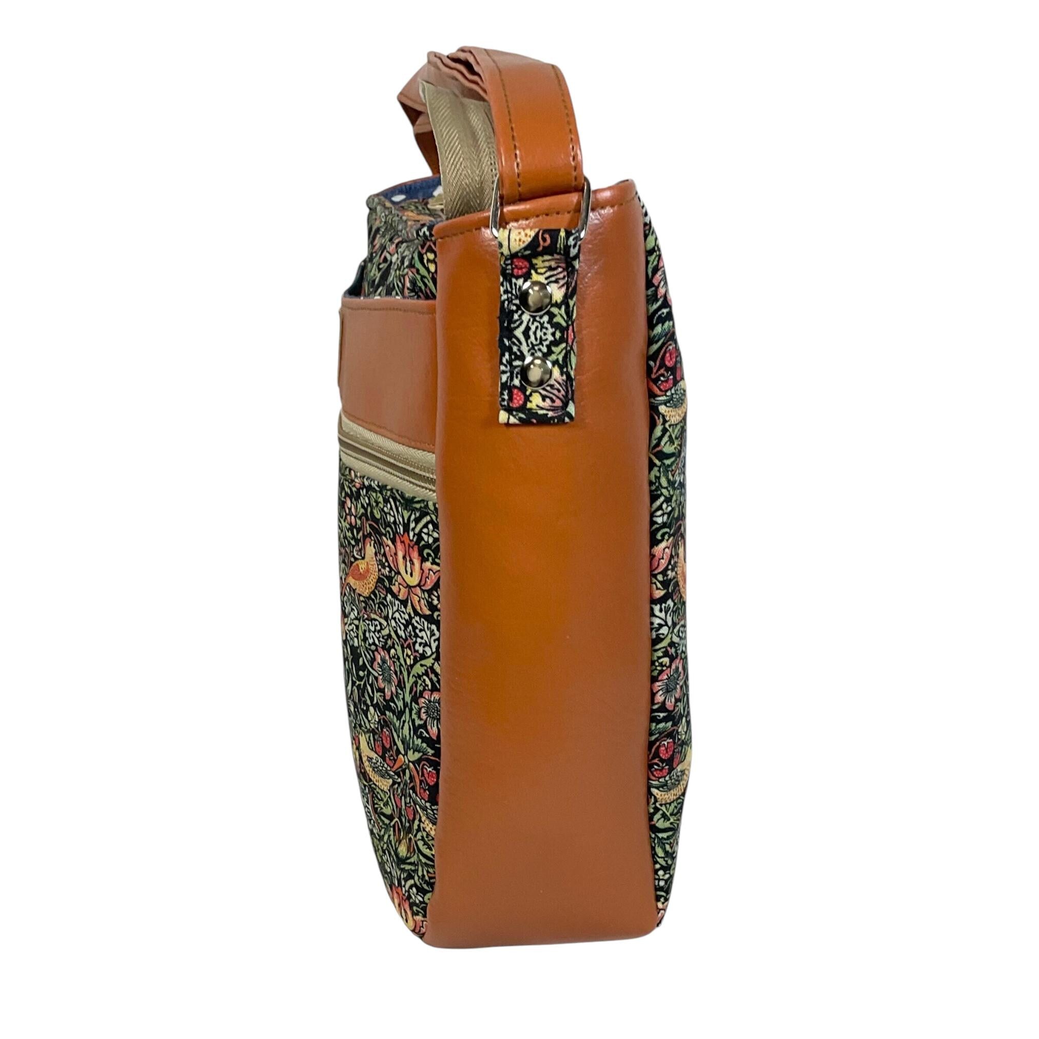 Handbag in faux leather and strawberry thief bird print, vegan ladies gift, crossbody bag, shoulder zip pouch