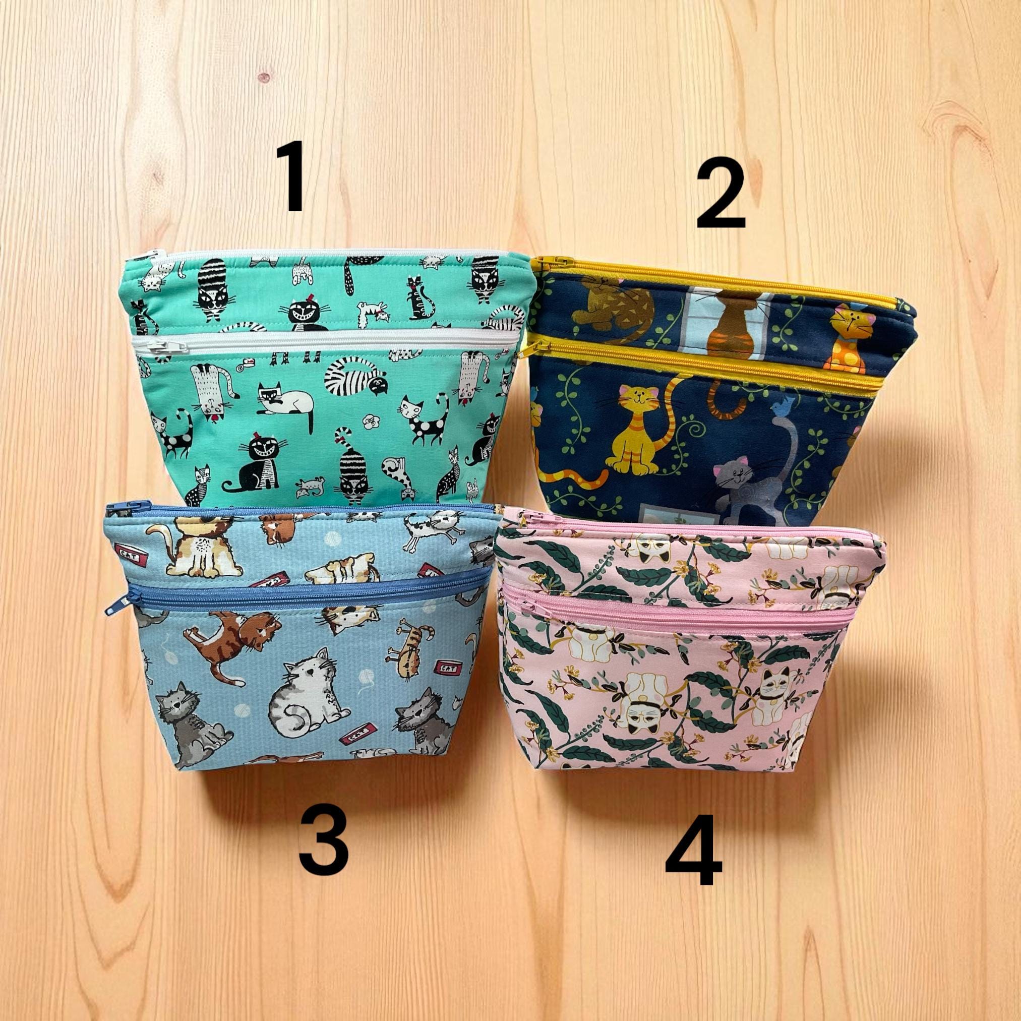 Cosmetics bag with cat print and 2 pockets,  makeup pouch, water resistant case, notions zipper pouch, cat lover gift