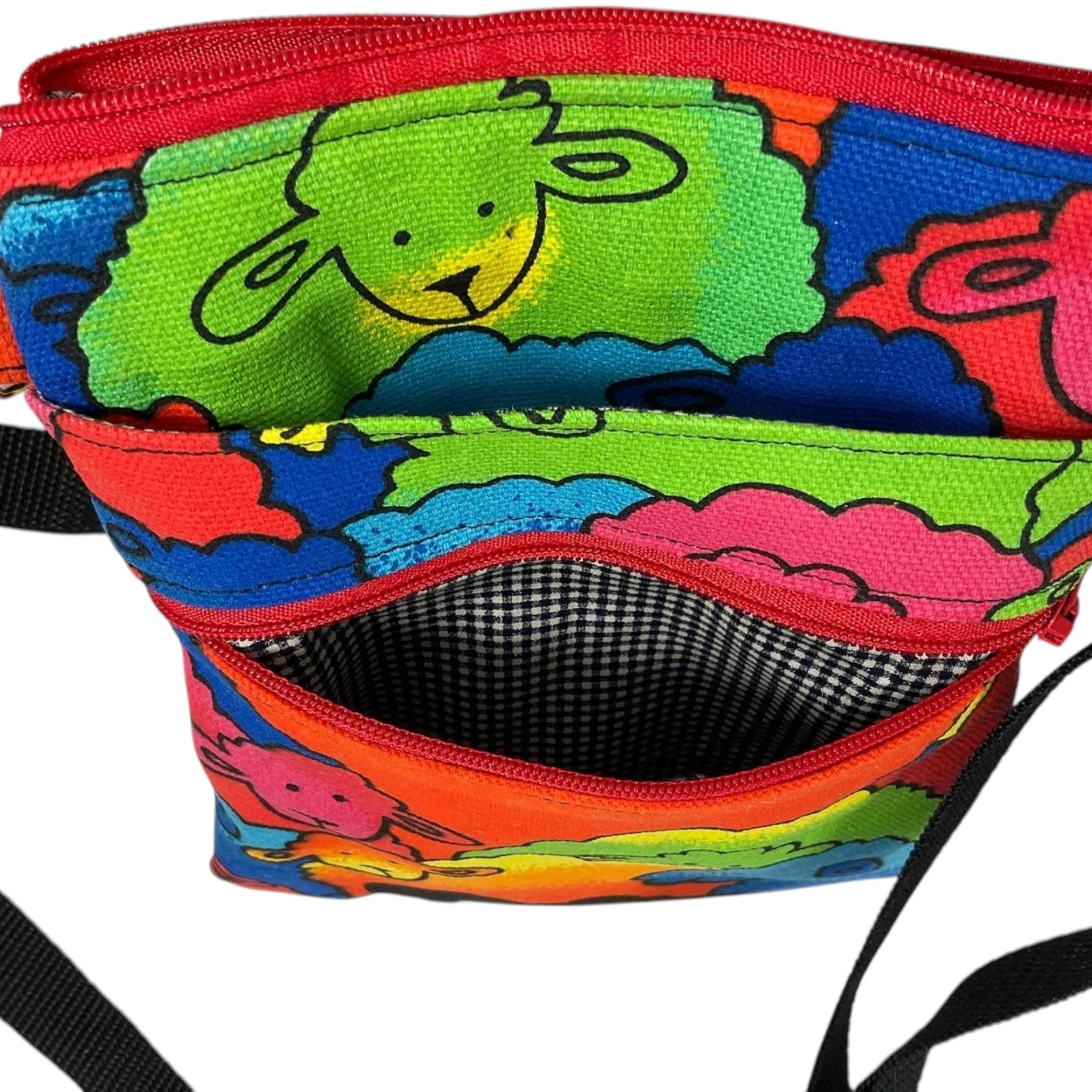 Colourful sheep print slim phone shoulder bag with multi pockets, teenager messenger sugar skull , mini clutch bag, clubbing festival bag