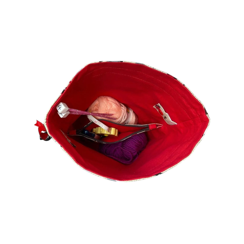 Two at a time knitting bag with dogs, medium sock sack, pink drawstring divided, shoe, toiletries, work in progress bag , WIP bag