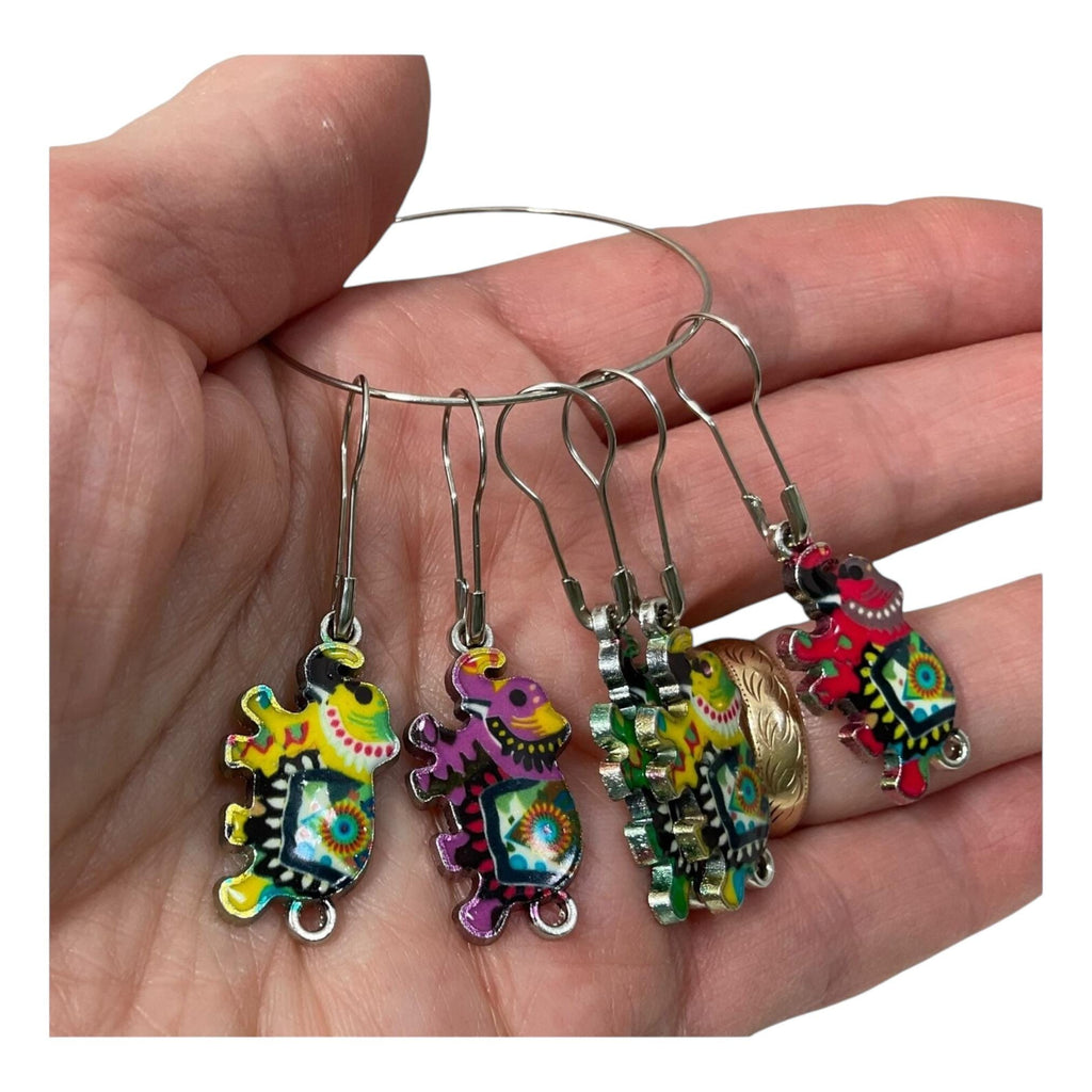 Stitch markers in an elephant shape, intricately enamelled colourful progress charms, knitting lace markers, perfect  knitters gift