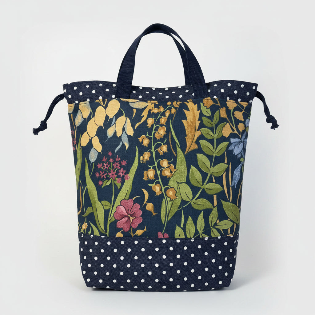 Extra Large canvas drawstring knitting bag with floral print