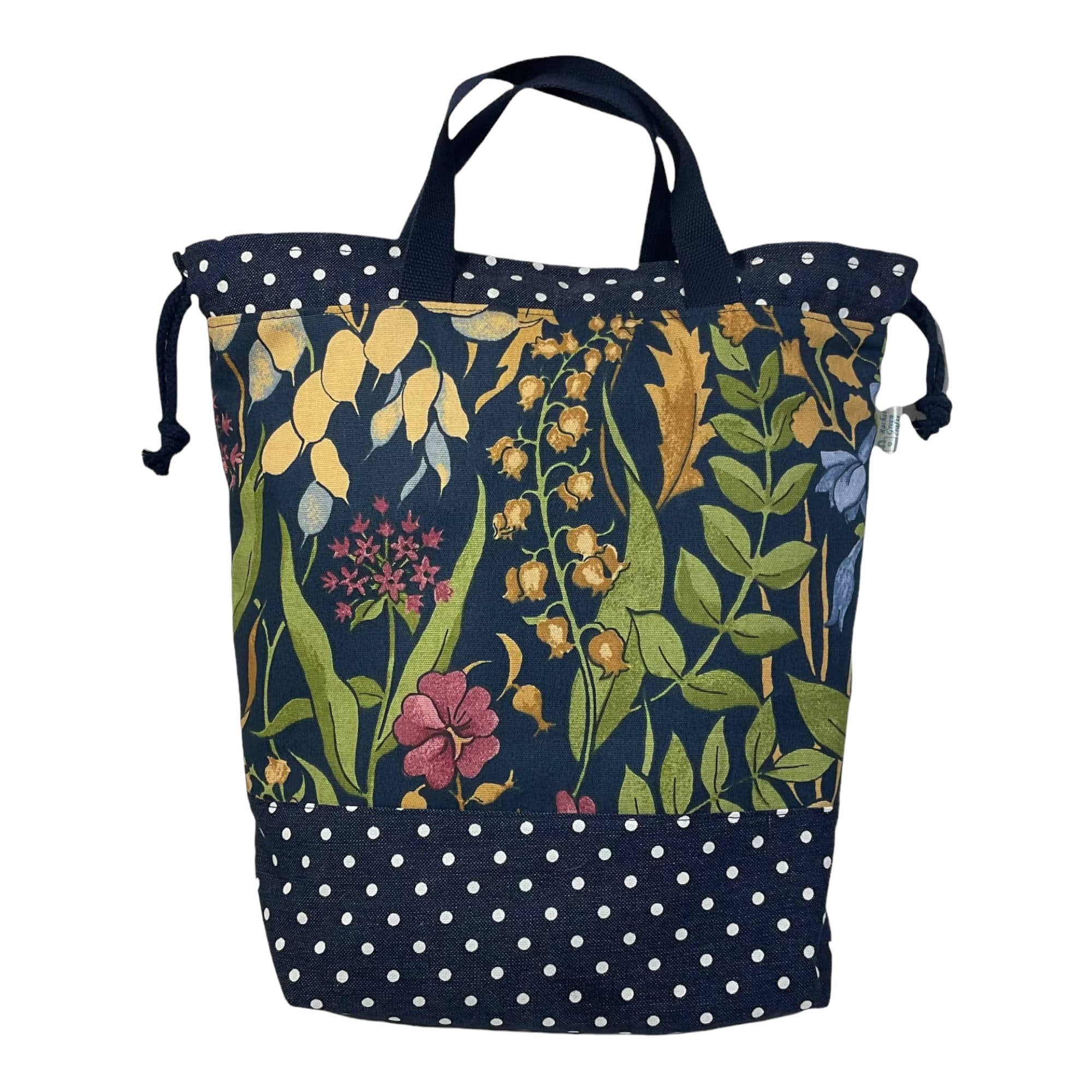 Extra Large canvas drawstring knitting bag with floral  print, multi pockets project  bag with handles, flower lover gift
