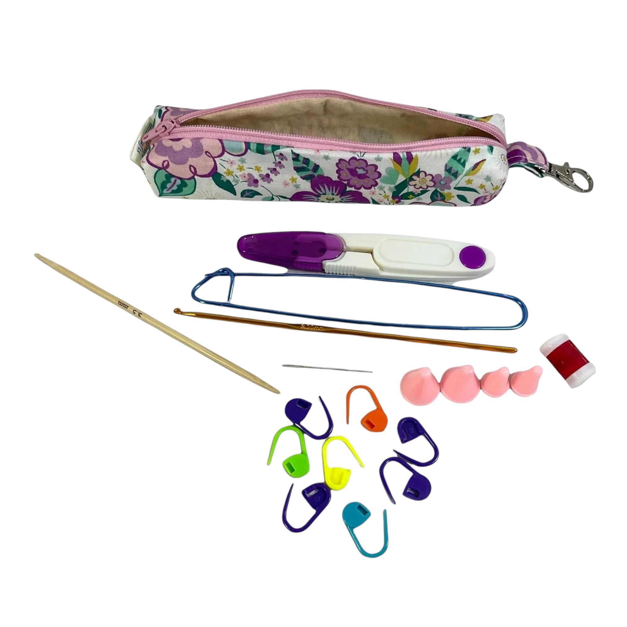 Knitting kit and crochet travel set in Liberty fabric, clip on bag travel kit, floral accessories pouch, travel scissors, crafting kit