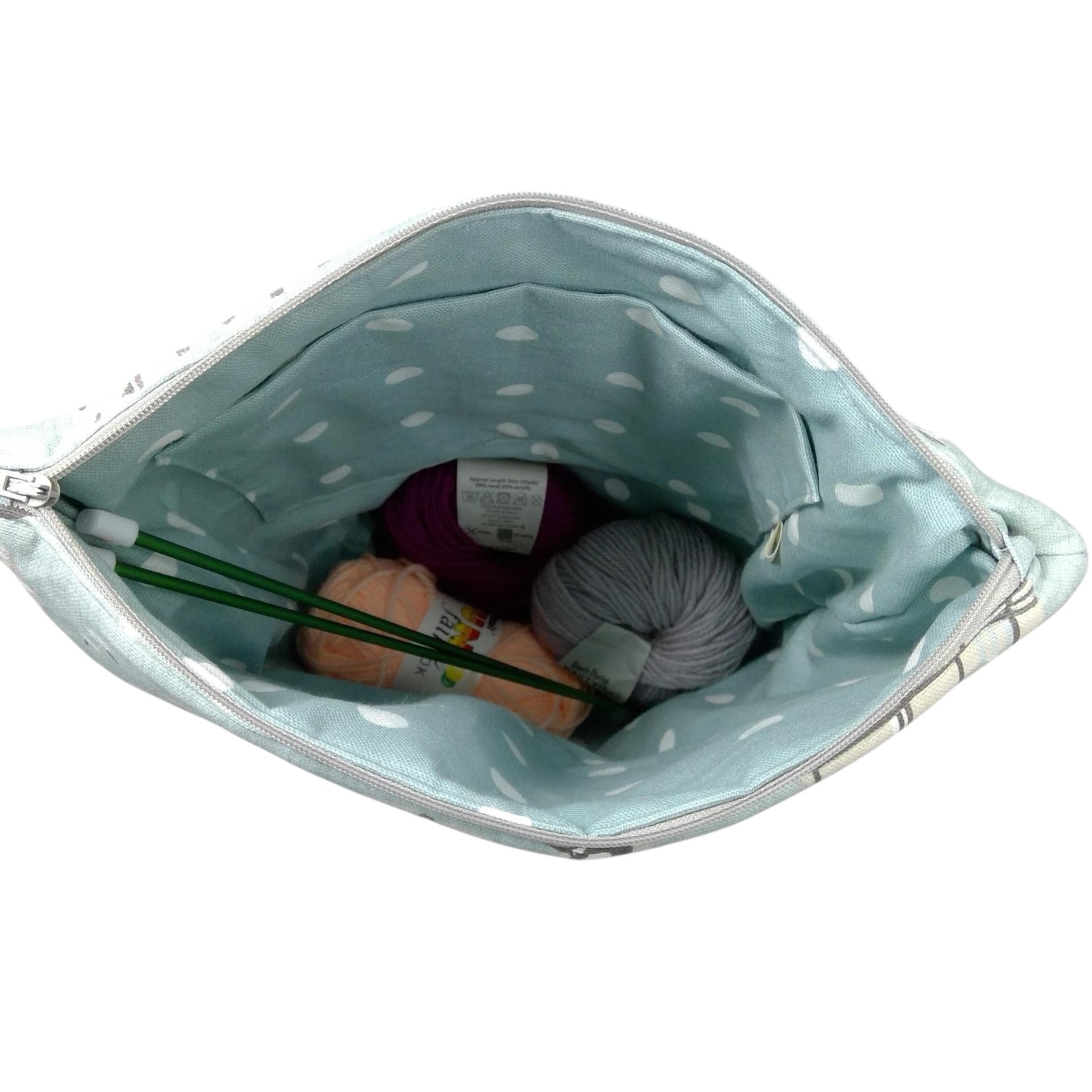 Large knitting pouch bag with natural coloured sheep, knitters zipped project craft tote, sheep lovers gift