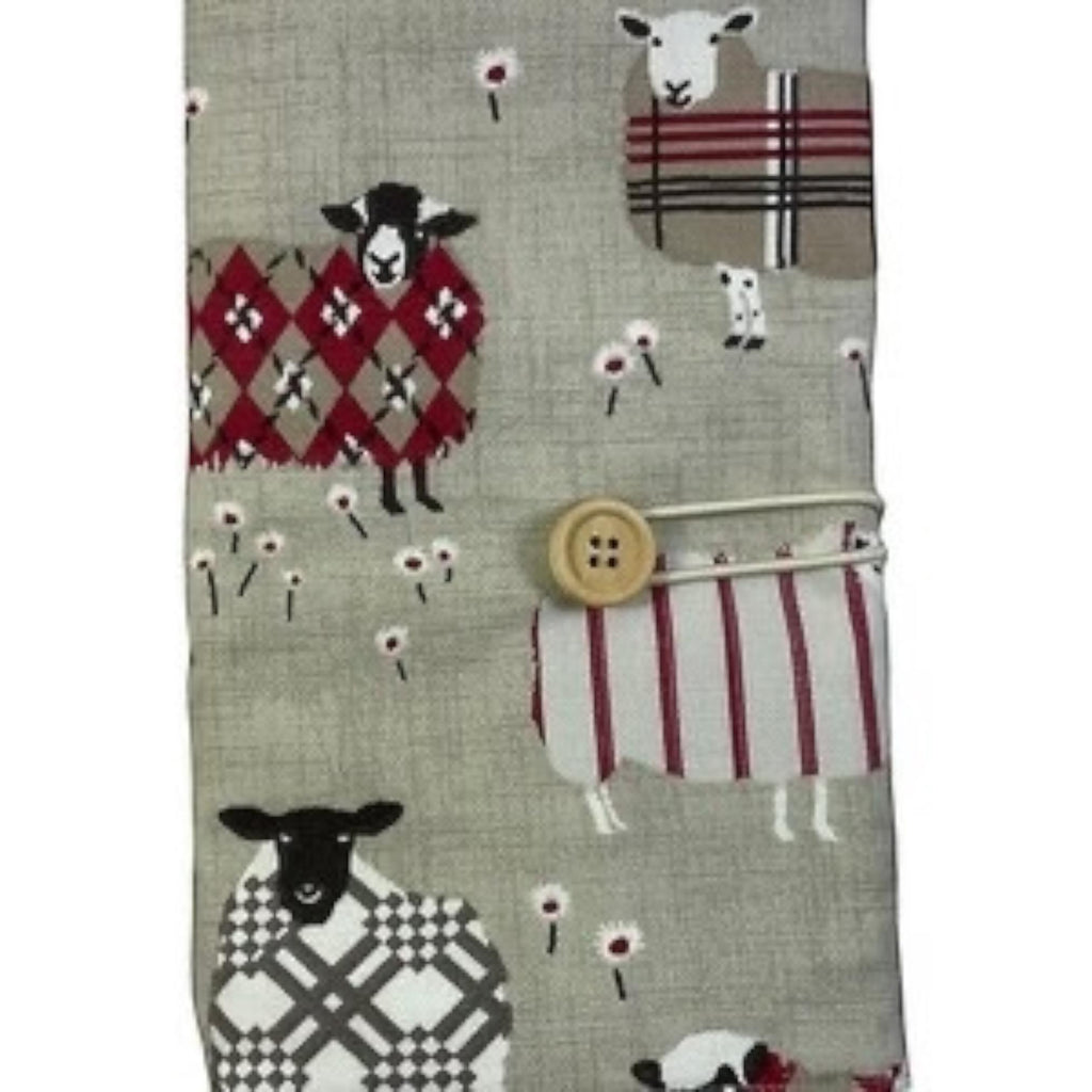 Circular knitting needle case with natural and red sheep,  fixed circular wallet,  sock needles storage pouch, knitters gift