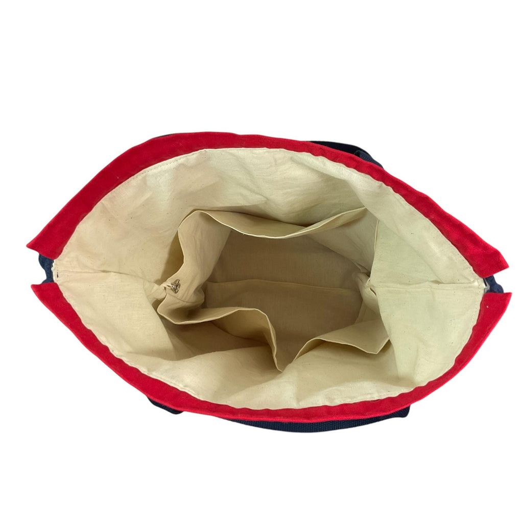 XXL  drawstring knitting bag with abstract print, supersized multi pockets project bag with handles, denim blue and red knitters gift