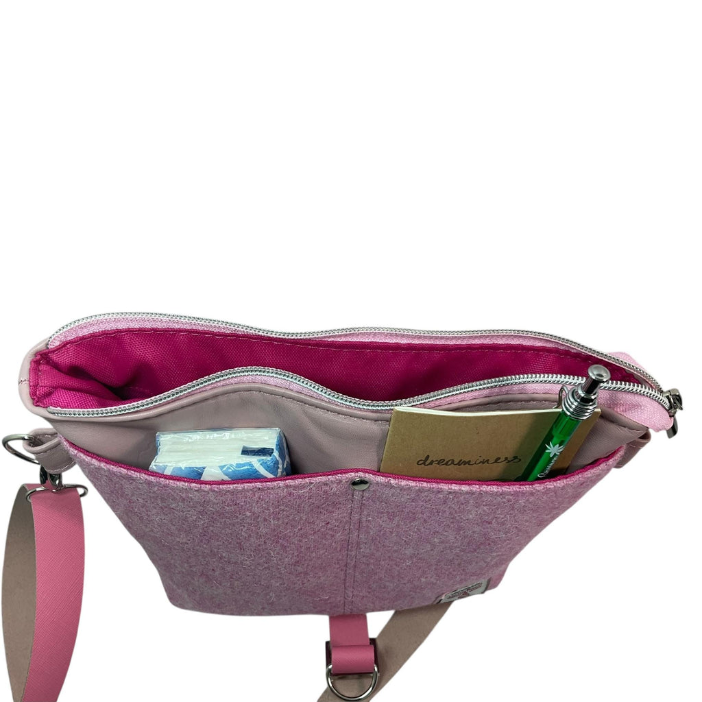 Satchel Handbag in genuine leather and Harris tweed pink pure wool,  medium sized zip top shoulder bag, pink lovers
