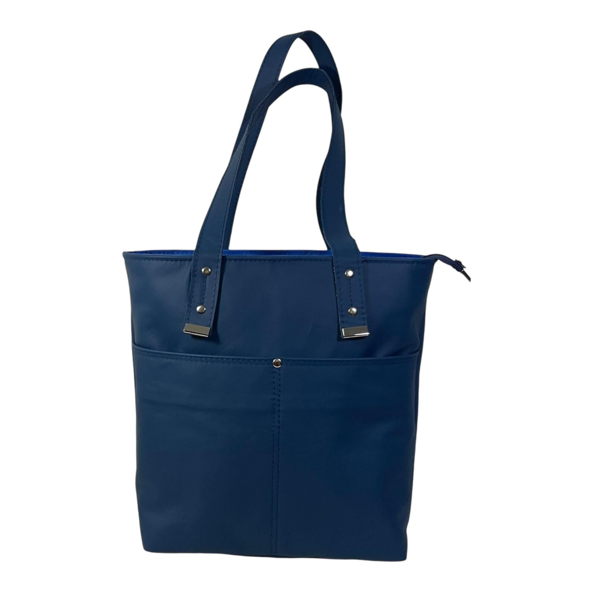 Tote bag made of genuine leather, medium sized deep blue shoulder bag
