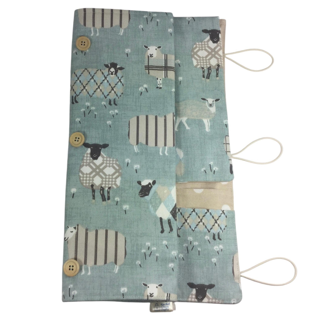 Straight and circular knitting needle case with blue sheep, knitting needle pouch,  needle storage, long needles wallet, fixed sock needle
